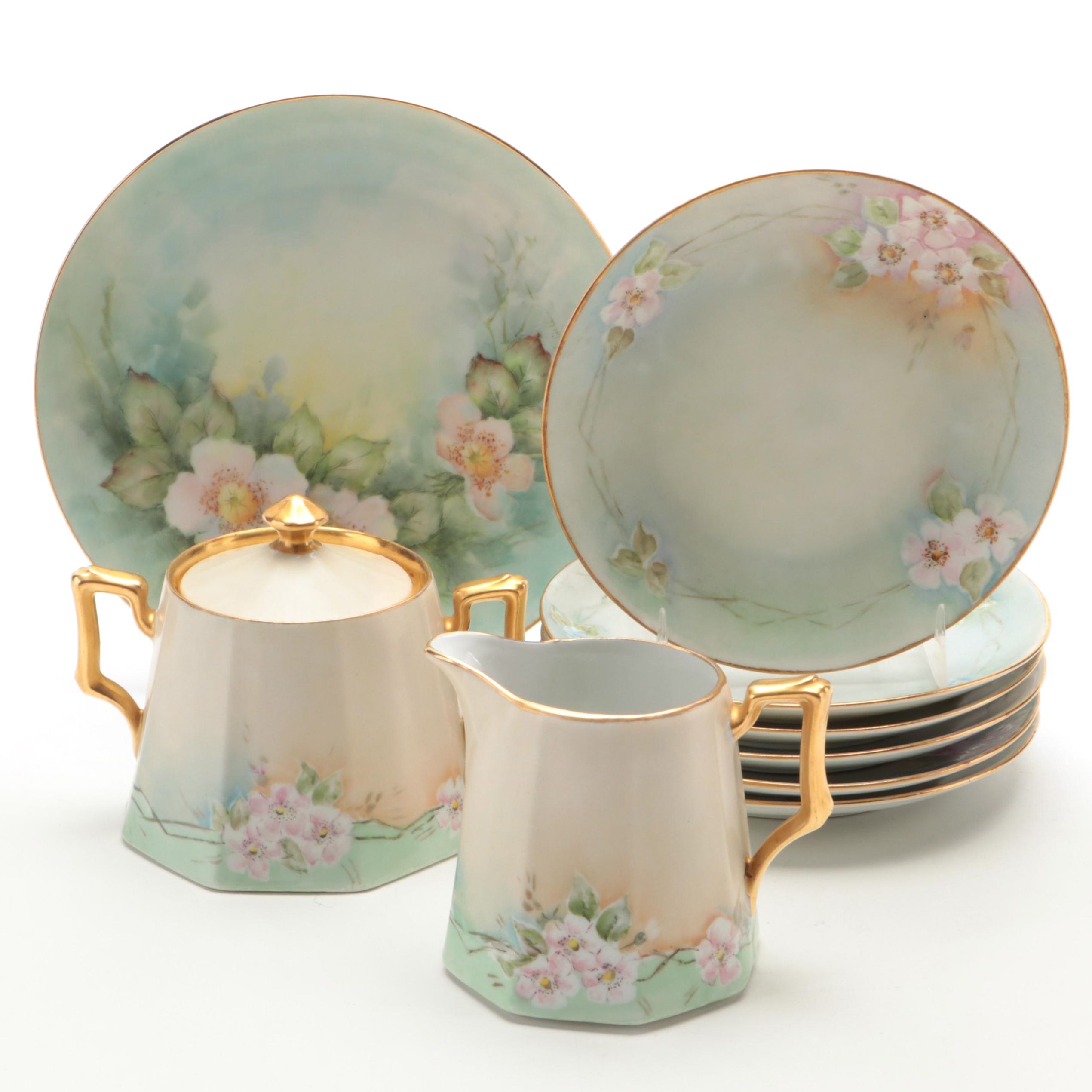 Victorian Hobbyist Hand-Painted Porcelain Cream and Sugar Set with Plates