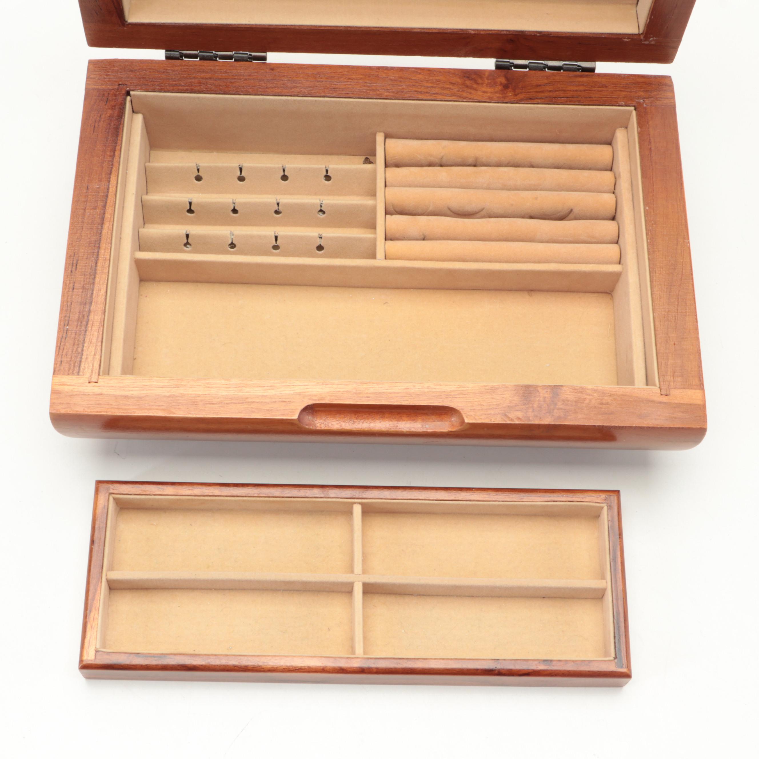 London Leather Hand-Carved Teak Jewelry Box With Boar Bristle Clothes Brushes