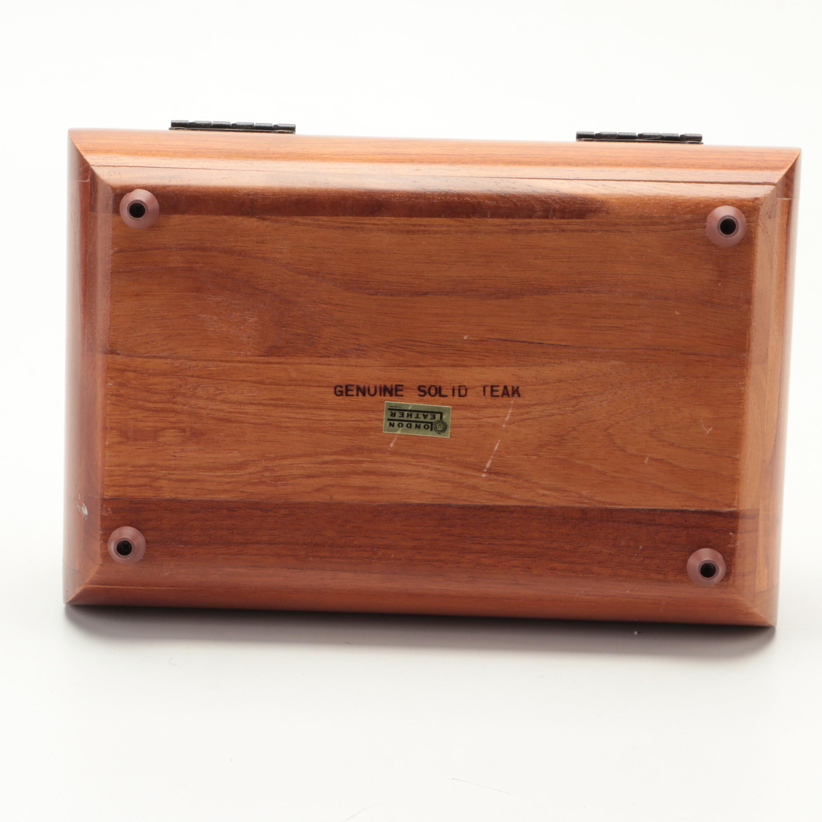 London Leather Hand-Carved Teak Jewelry Box With Boar Bristle Clothes Brushes