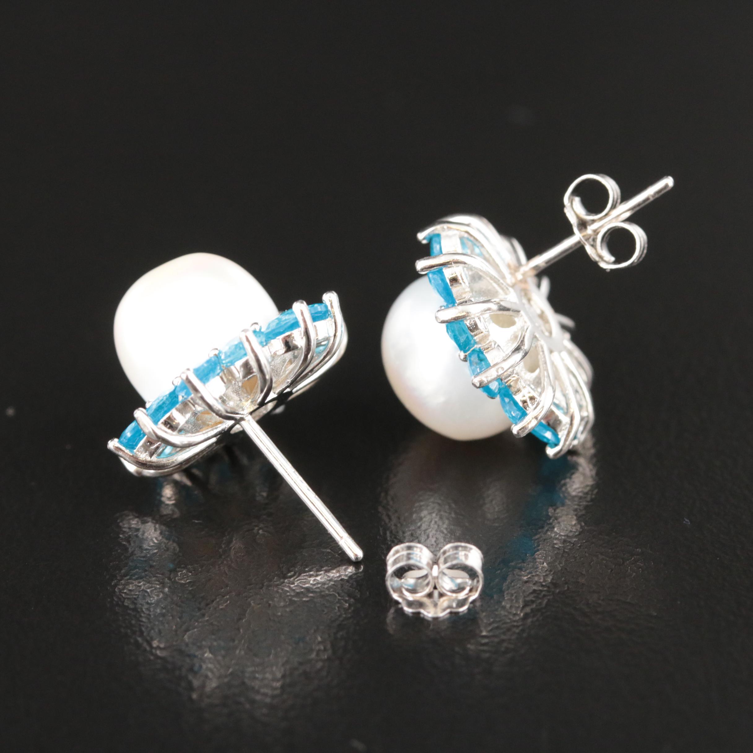 Sterling Pearl and Apatite Stud Earrings