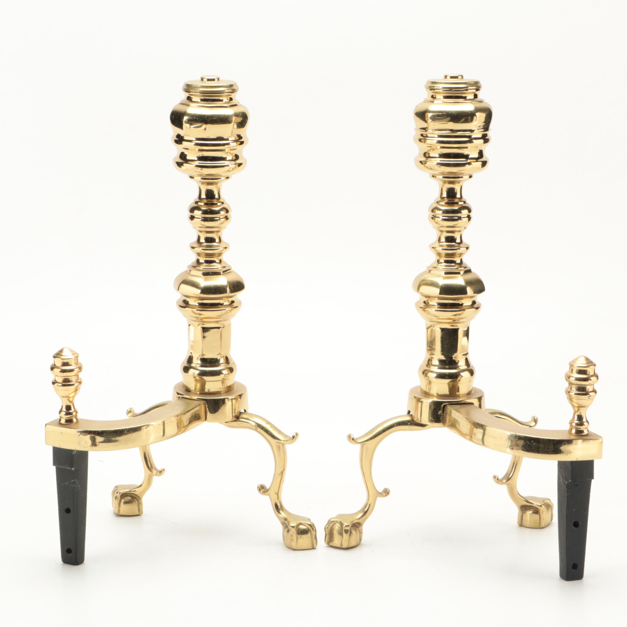 Virginia Metalcrafters Polished Brass Andirons, Late 20th Century