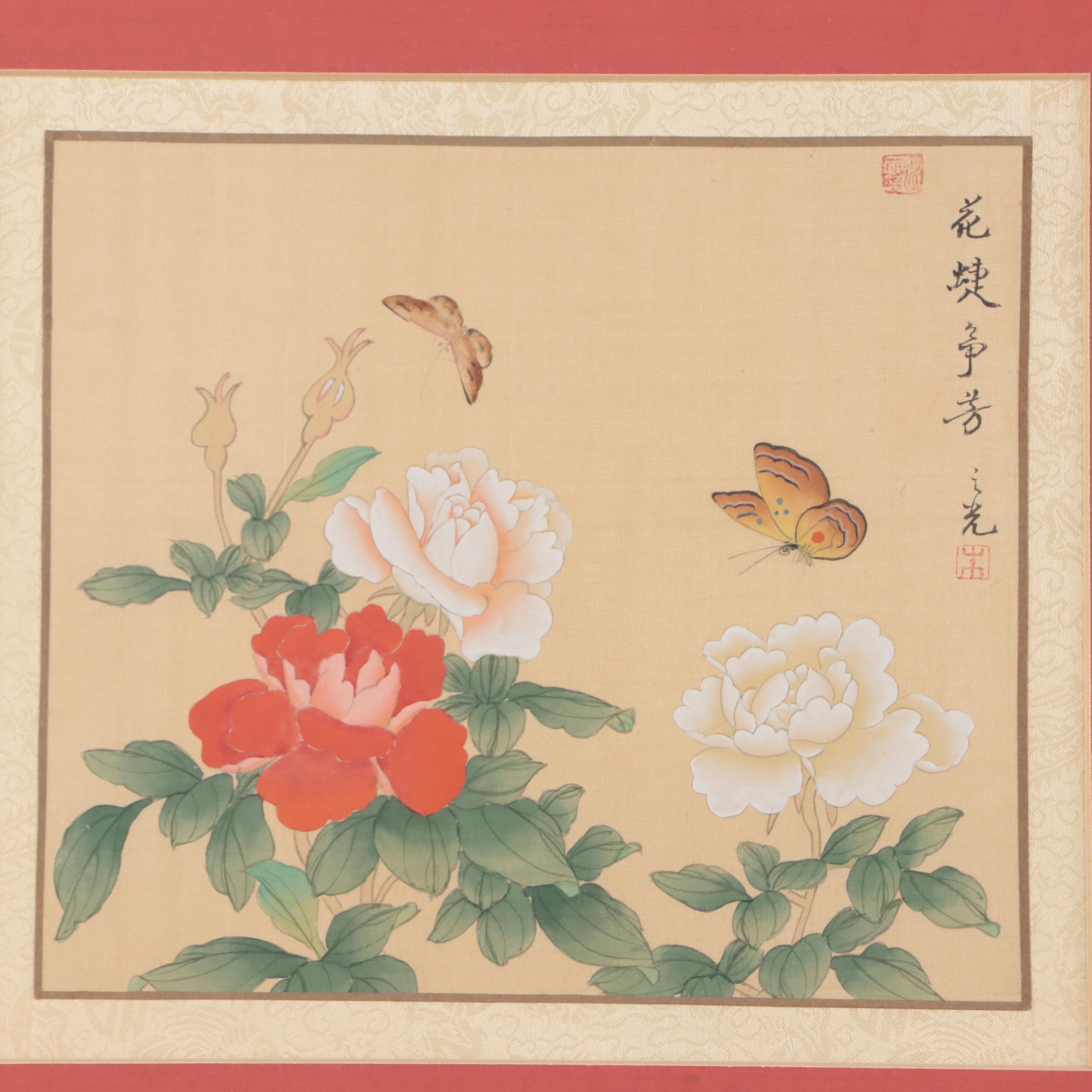 Japanese Gouache Painting of Butterflies and Flowers