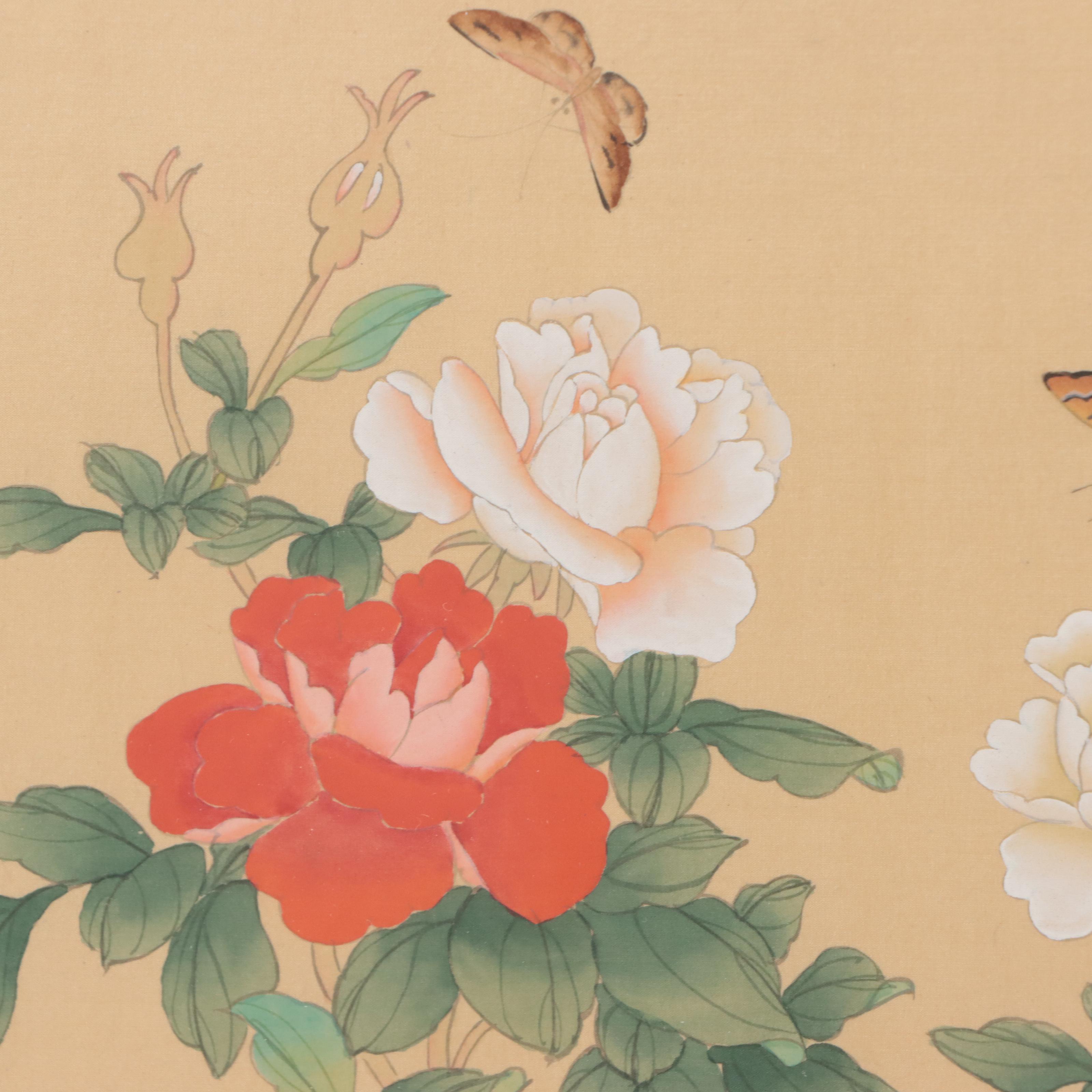Japanese Gouache Painting of Butterflies and Flowers