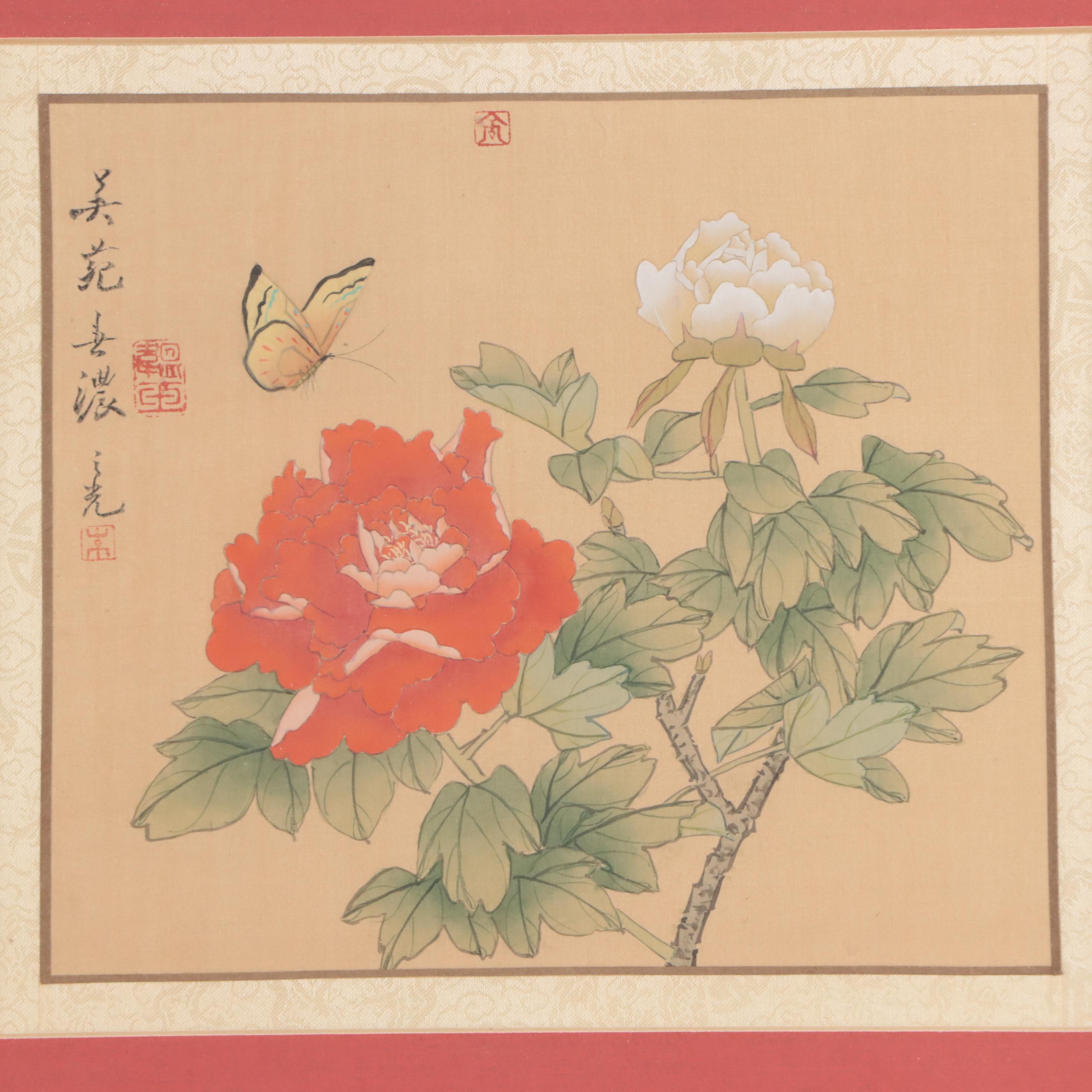 Japanese Gouache Painting of Butterflies and Flowers