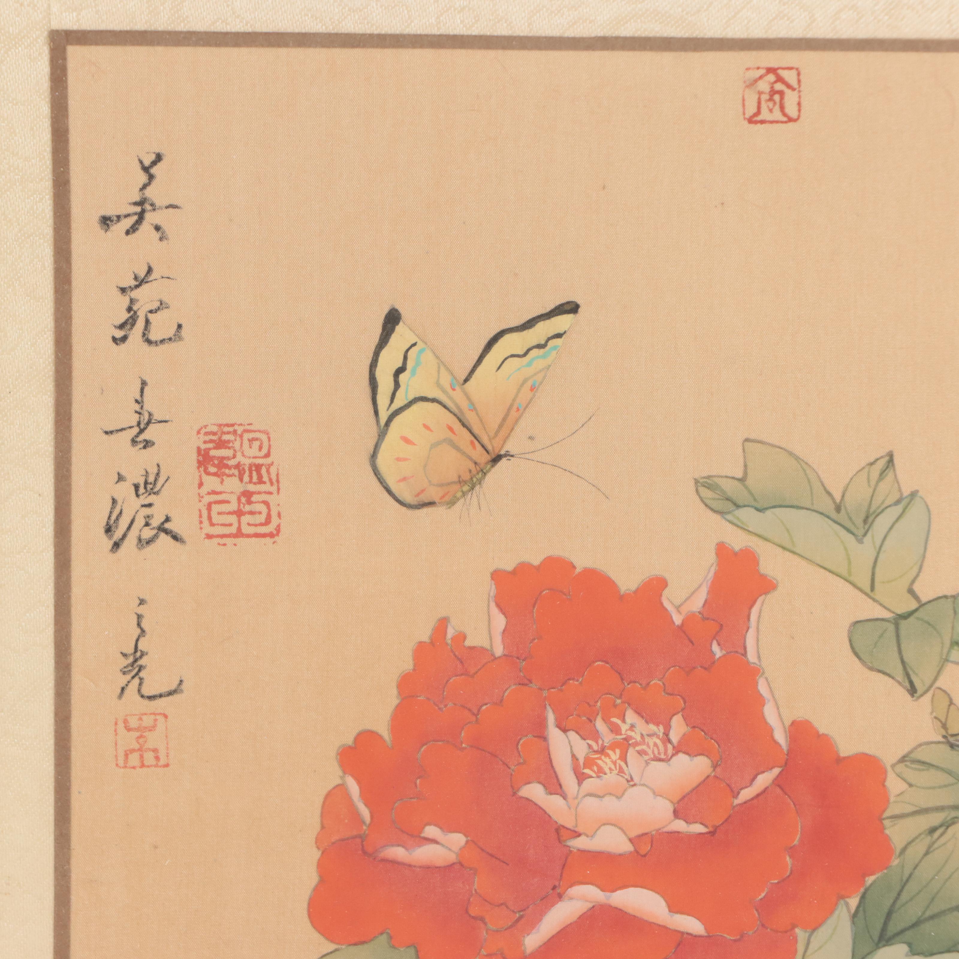 Japanese Gouache Painting of Butterflies and Flowers