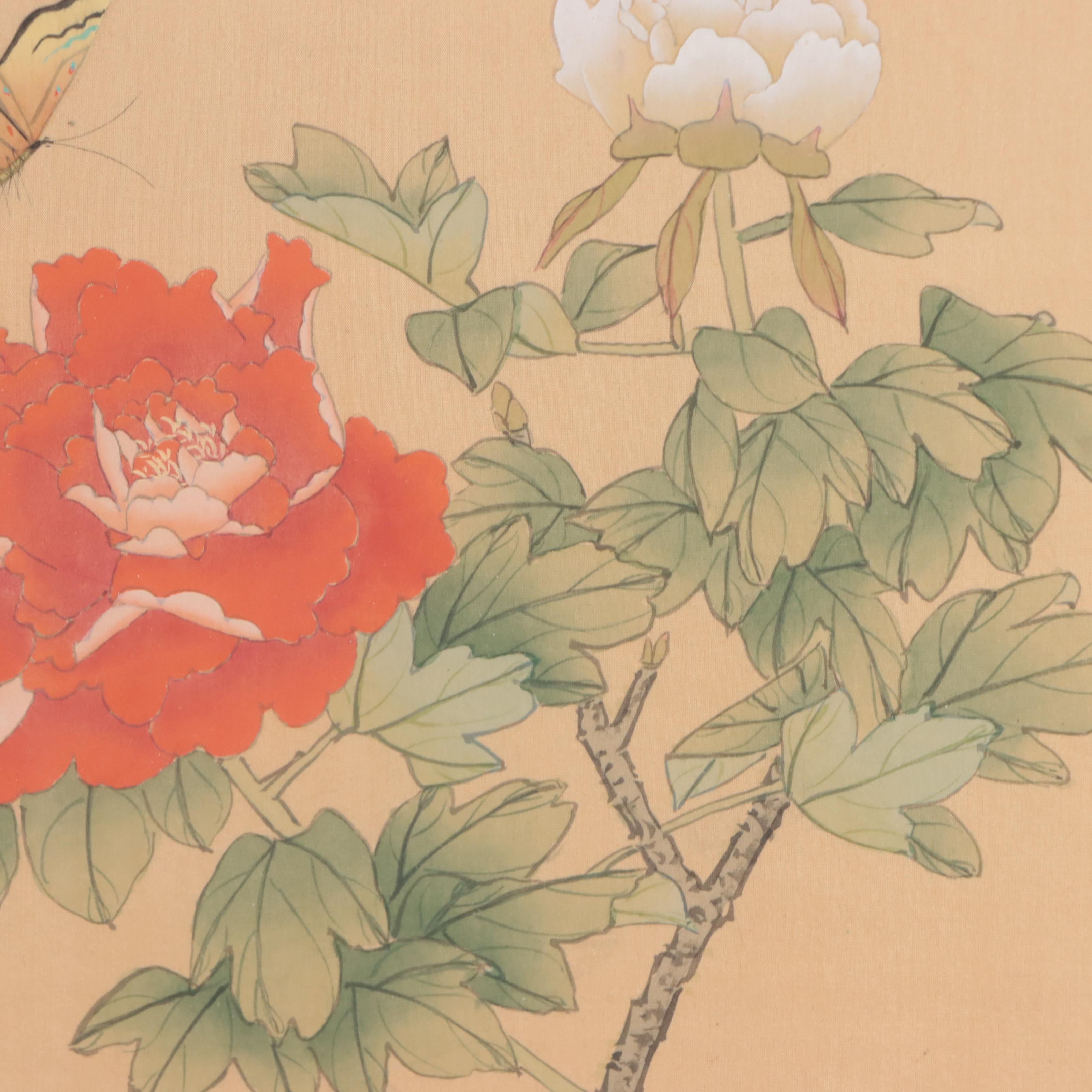 Japanese Gouache Painting of Butterflies and Flowers