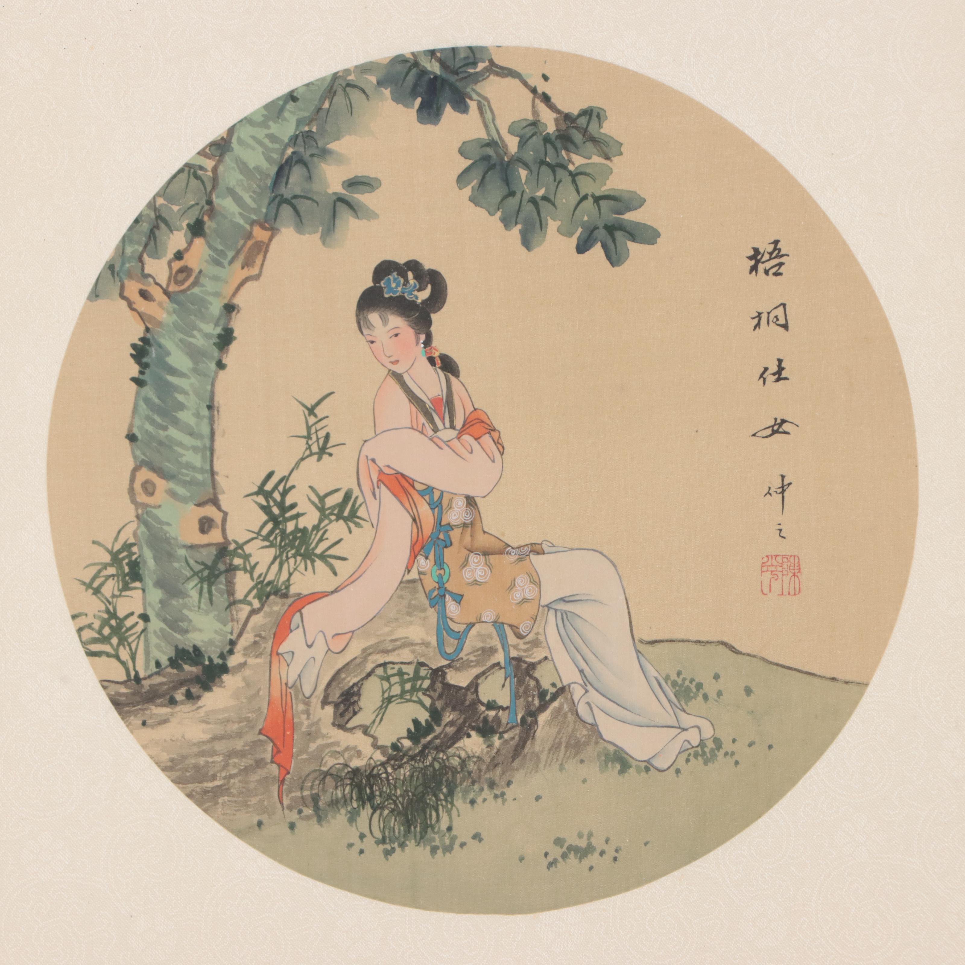 Japanese Gouache Painting of Humming Bird and Young Woman