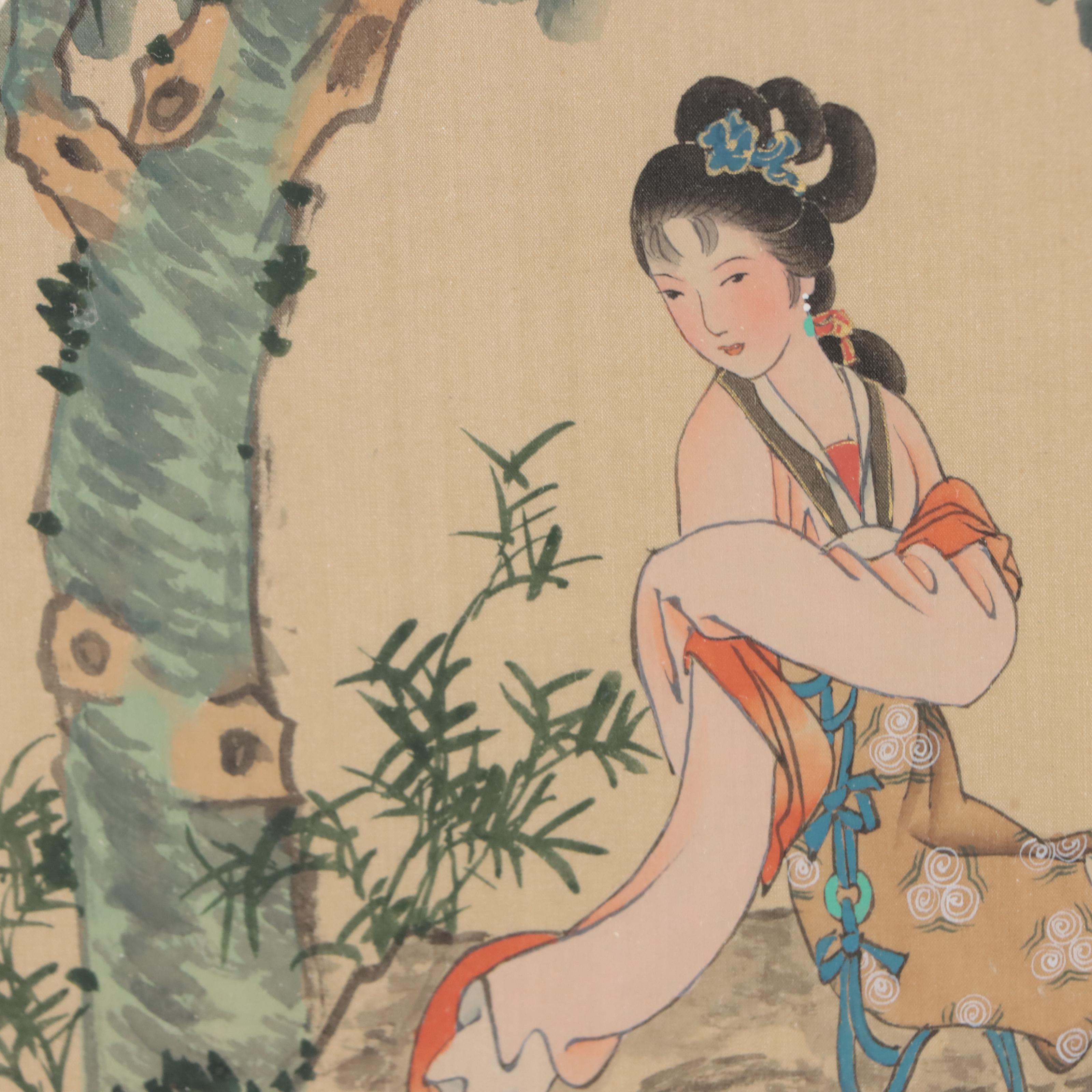 Japanese Gouache Painting of Humming Bird and Young Woman