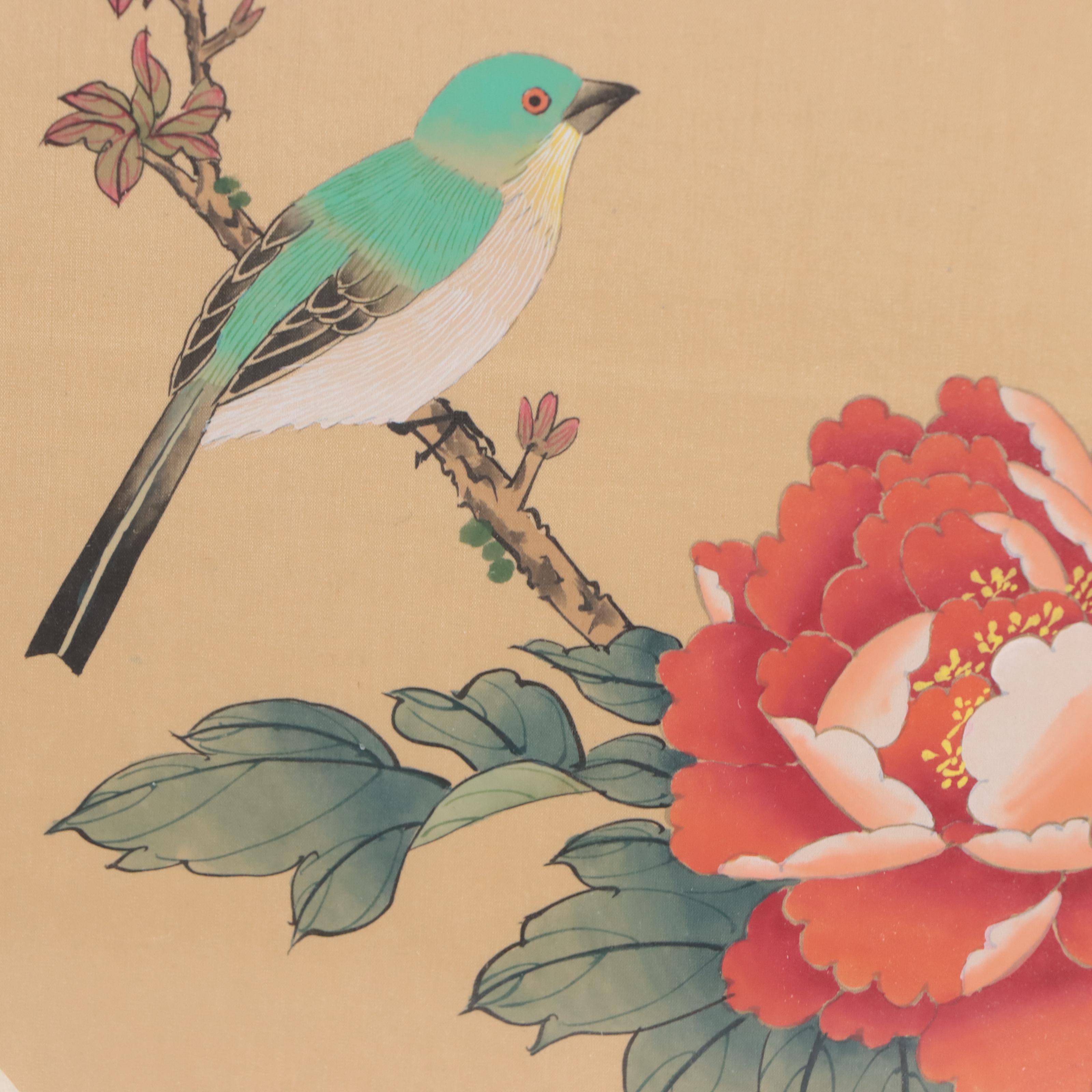 Japanese Gouache Painting of Humming Bird and Young Woman