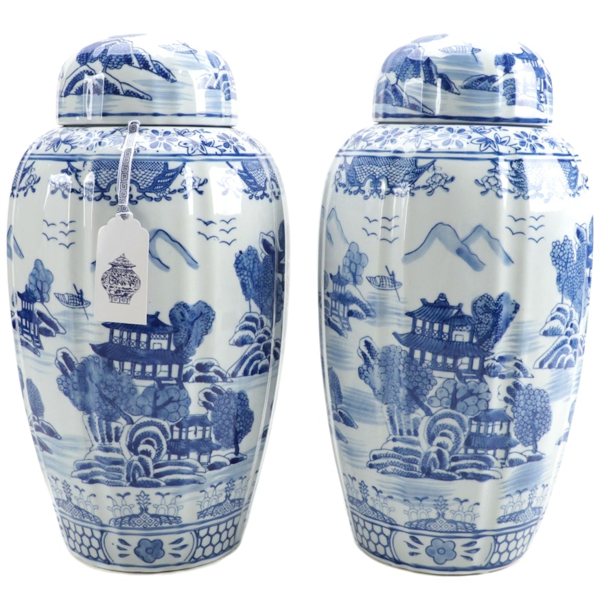 Pair of Blue and White Chinese Porcelain Lidded Jars with Galt Label