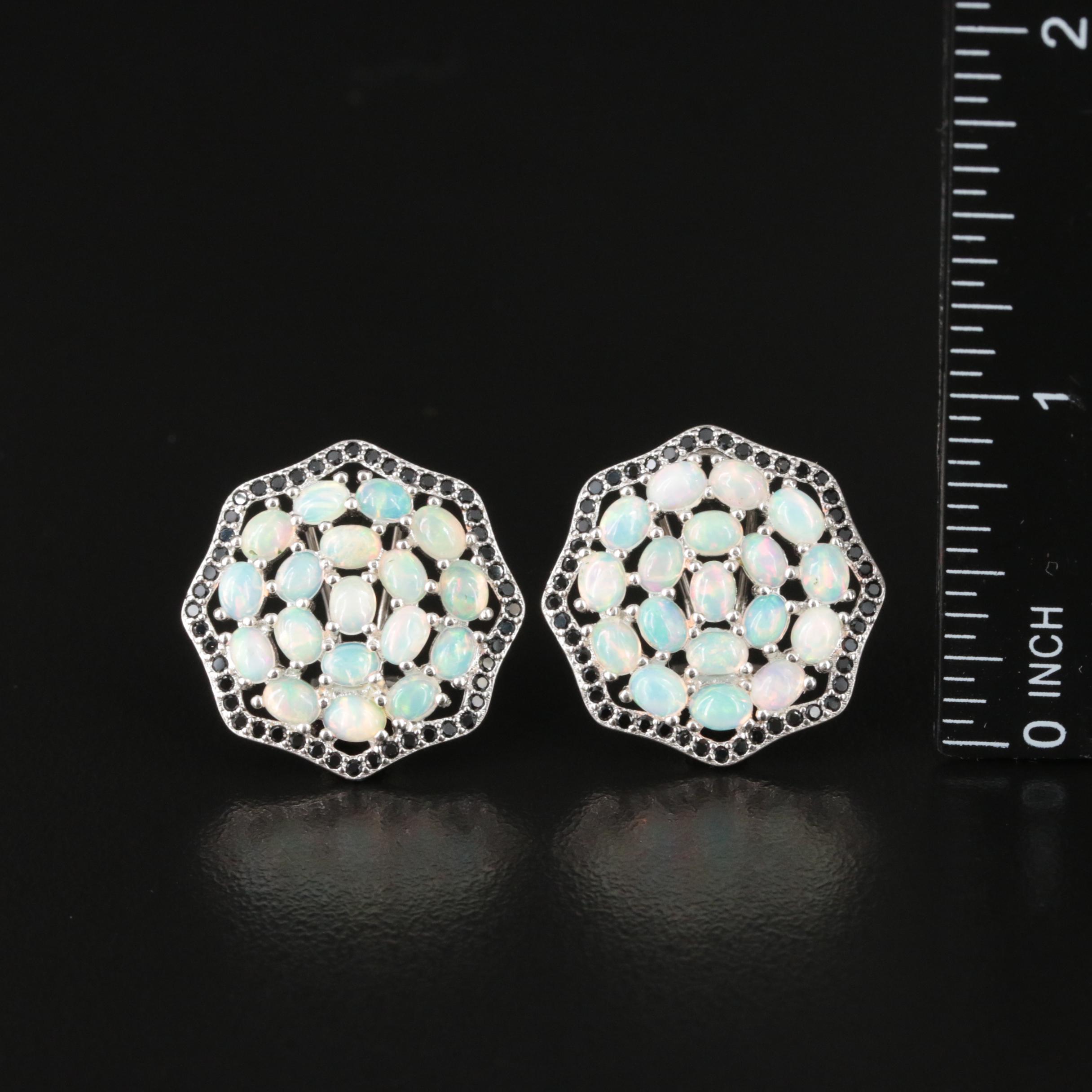 Sterling Opal and Black Onyx Cluster Earrings