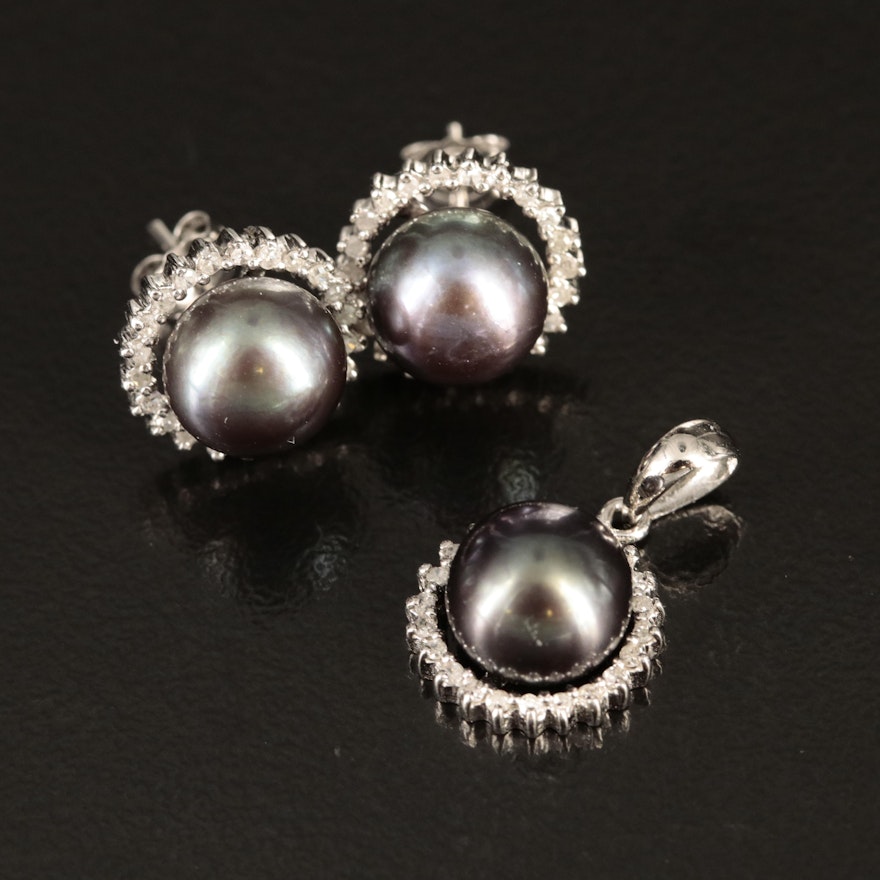 14K Pearl and Diamond Earrings and Pendant
