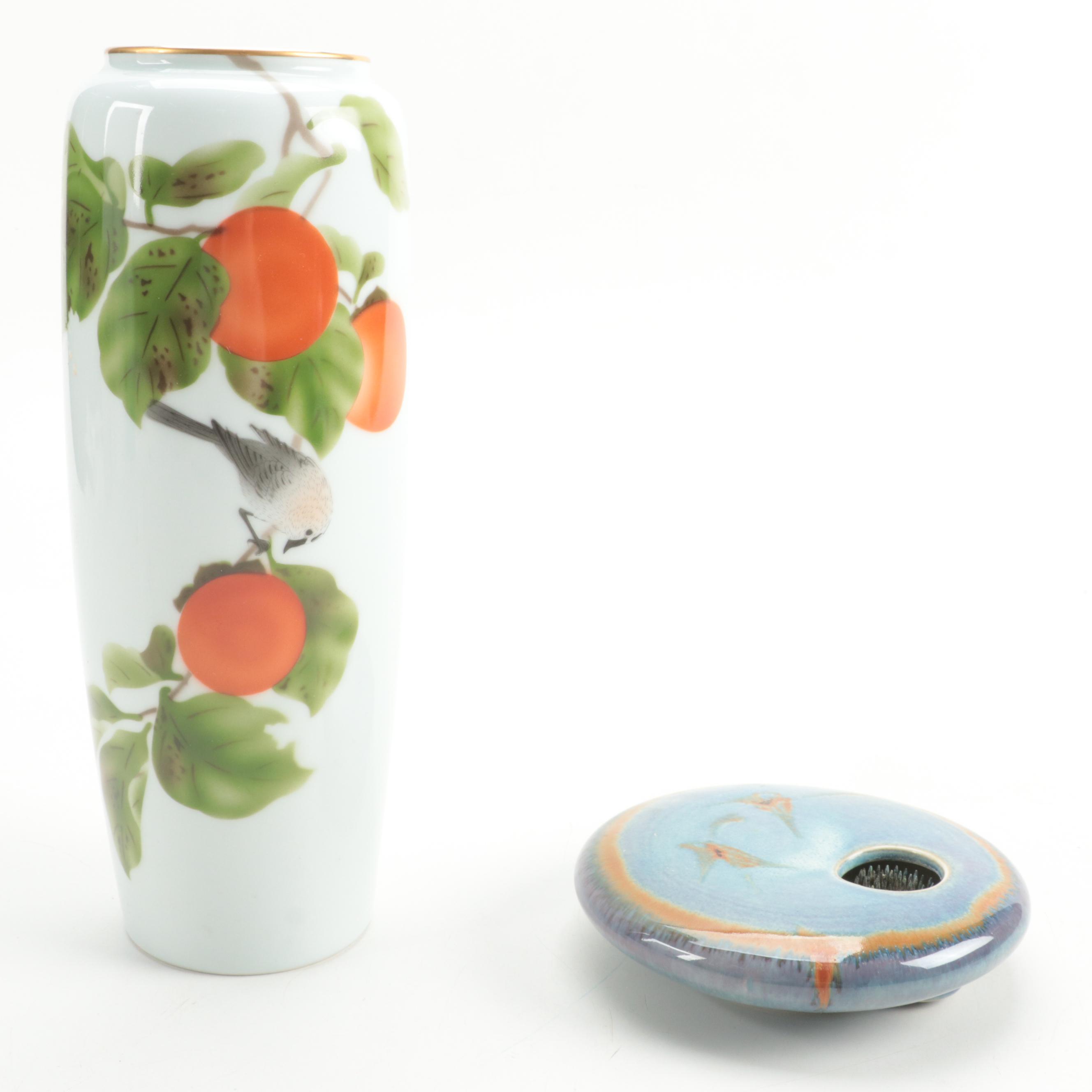 Fukagawa Bird on Branch Porcelain Vase with Artisan Made Bowls and Flower Frog