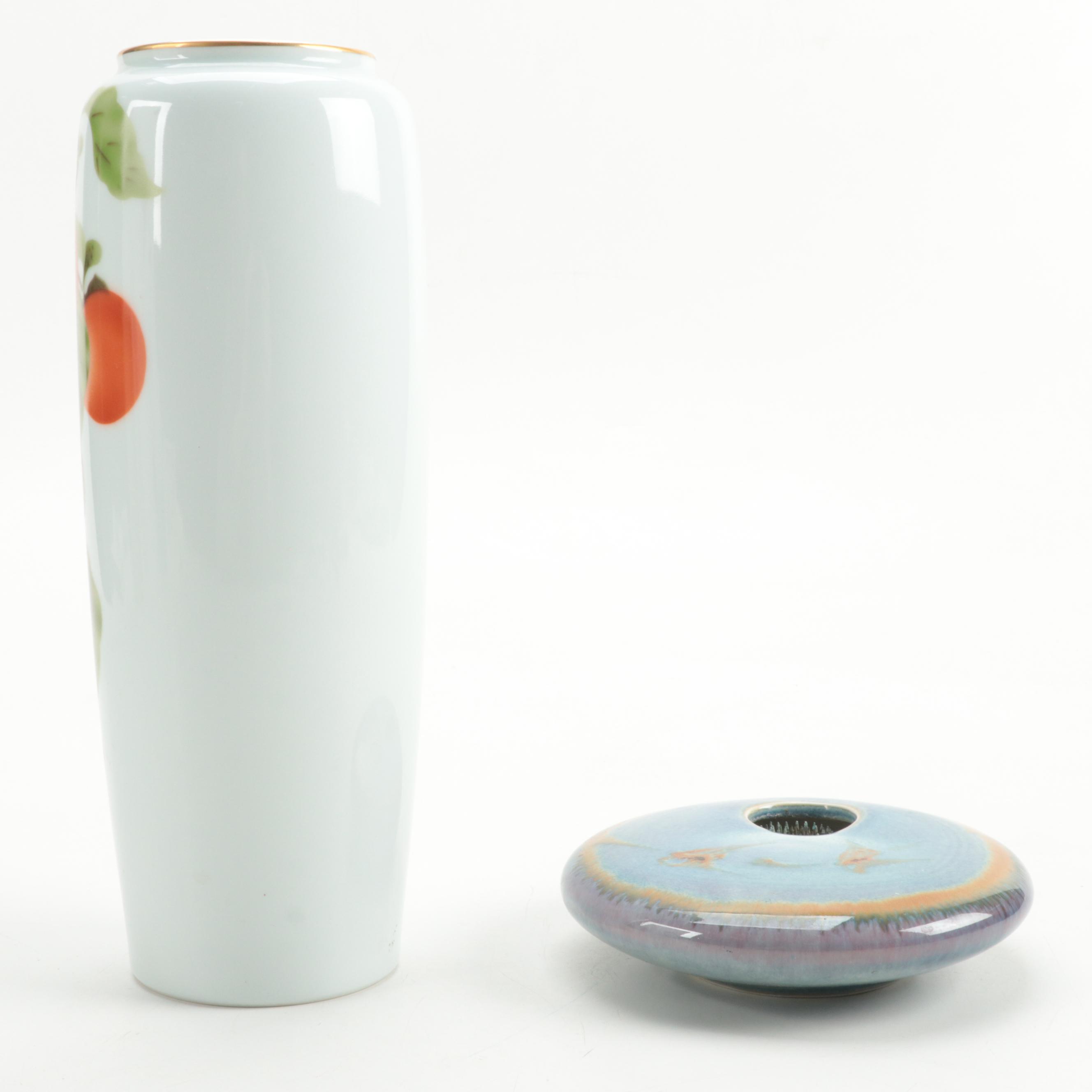 Fukagawa Bird on Branch Porcelain Vase with Artisan Made Bowls and Flower Frog