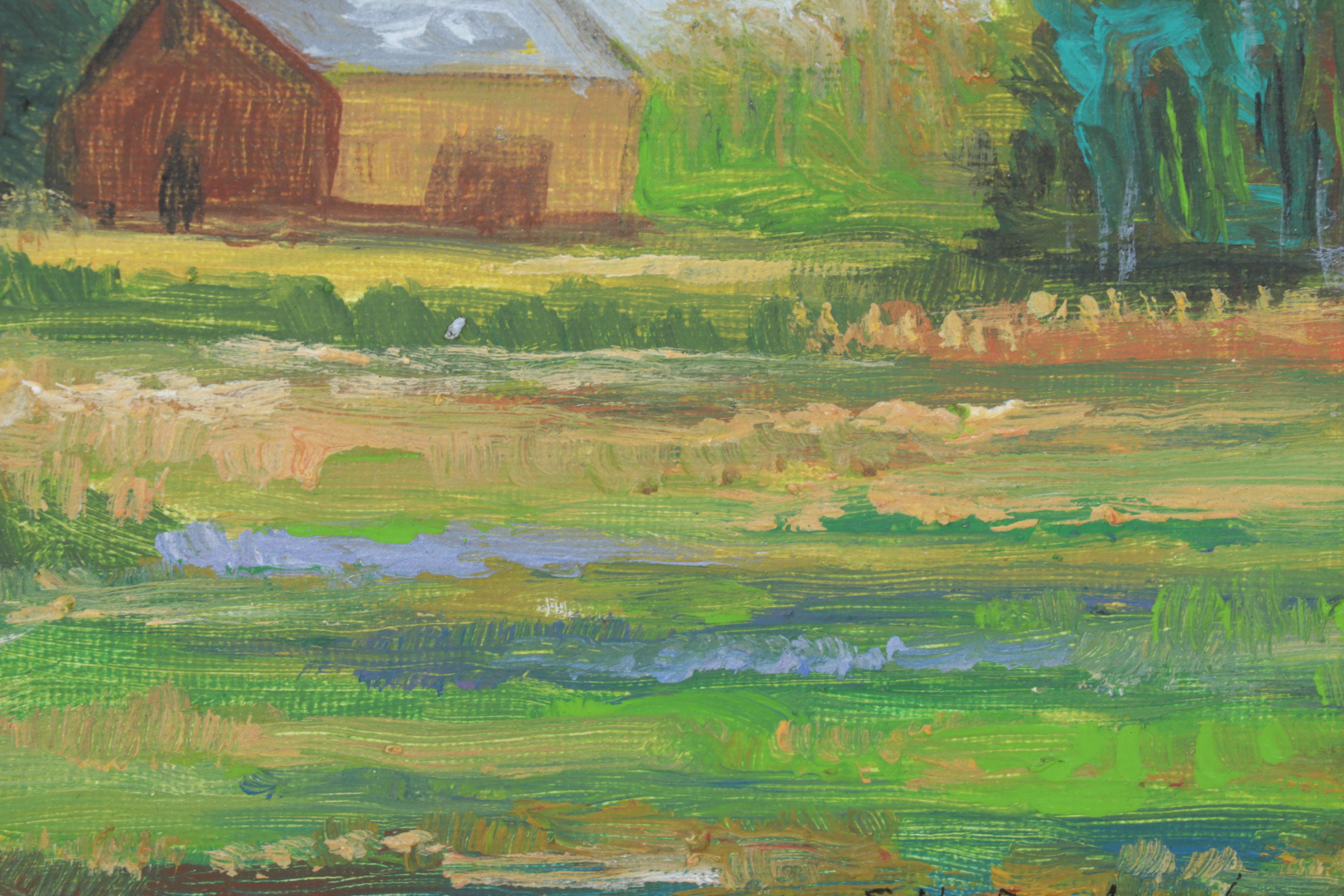Sulmaz Radvand Oil Painting of Barn in Pastoral Field, 21st Century