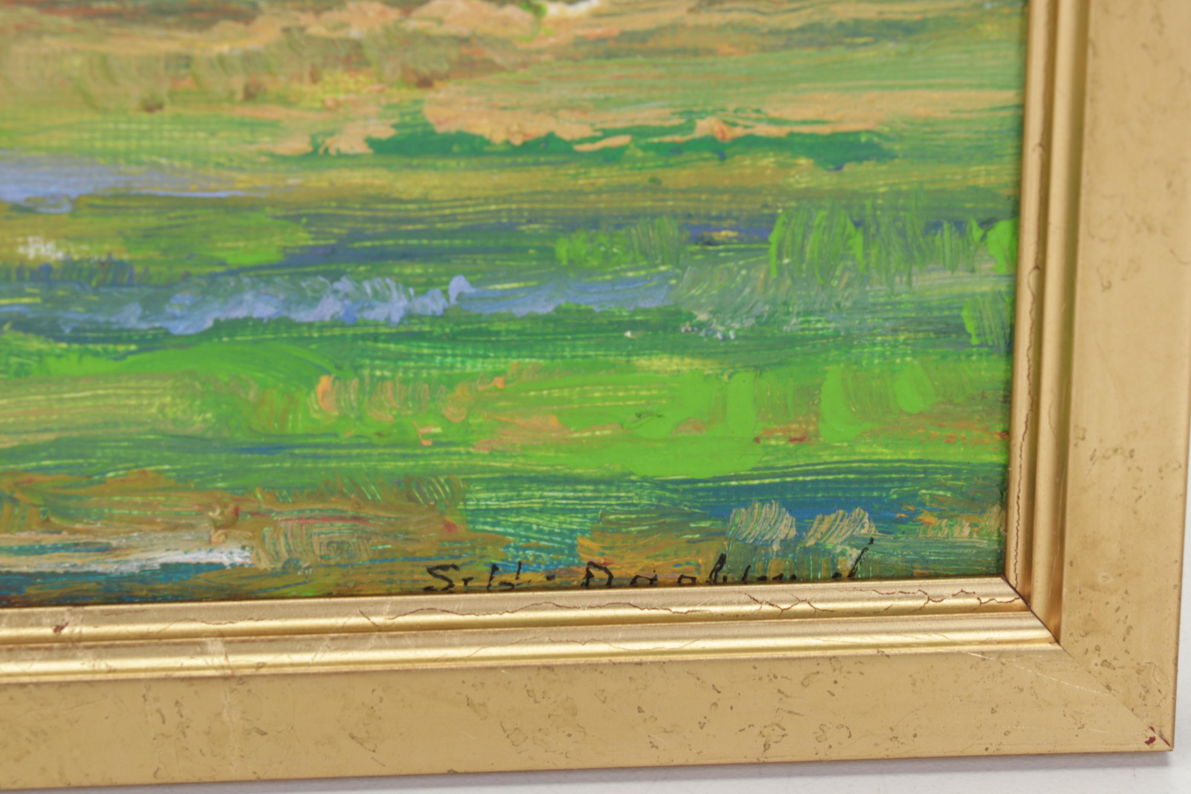 Sulmaz Radvand Oil Painting of Barn in Pastoral Field, 21st Century