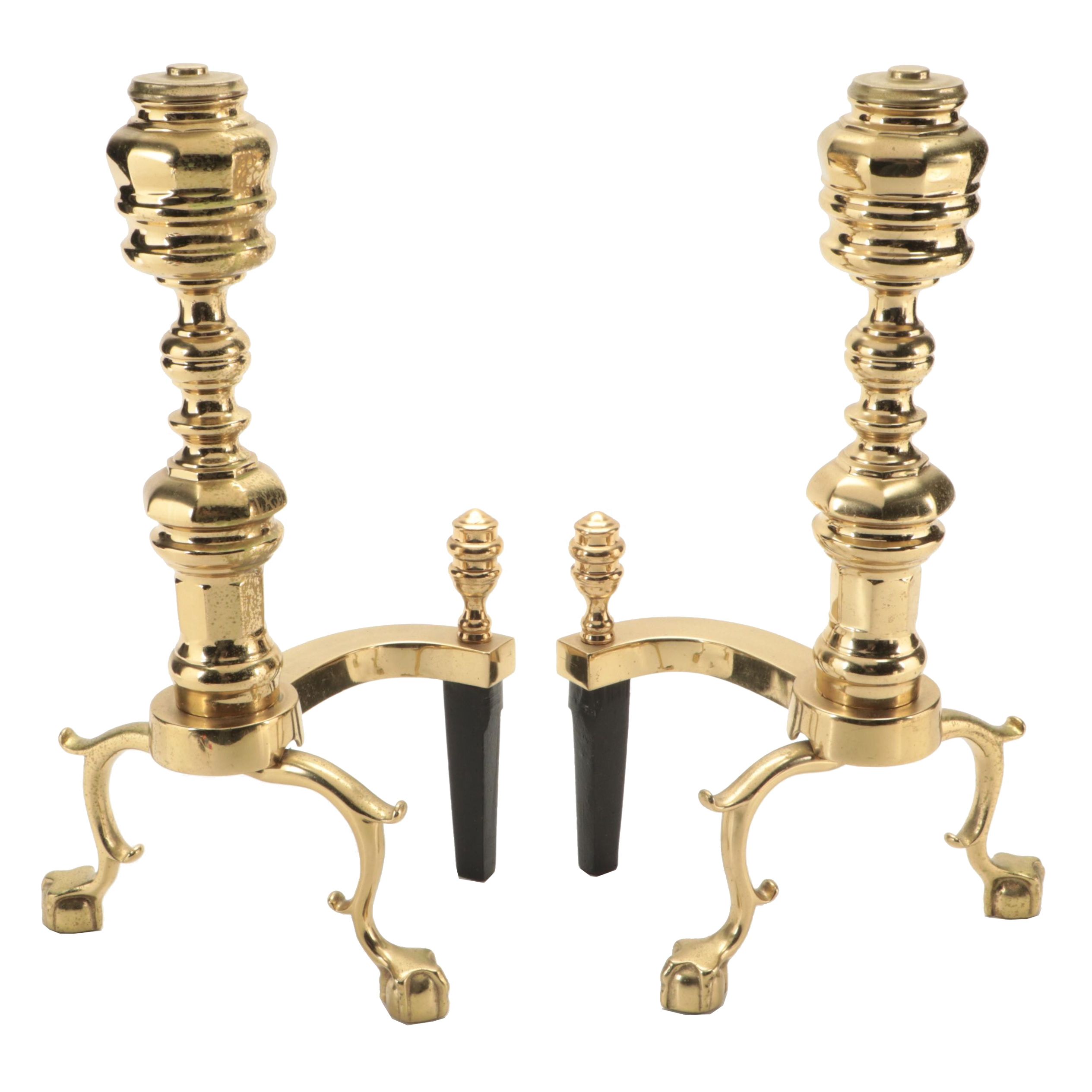 Virginia Metalcrafters Polished Brass Andirons, Late 20th Century