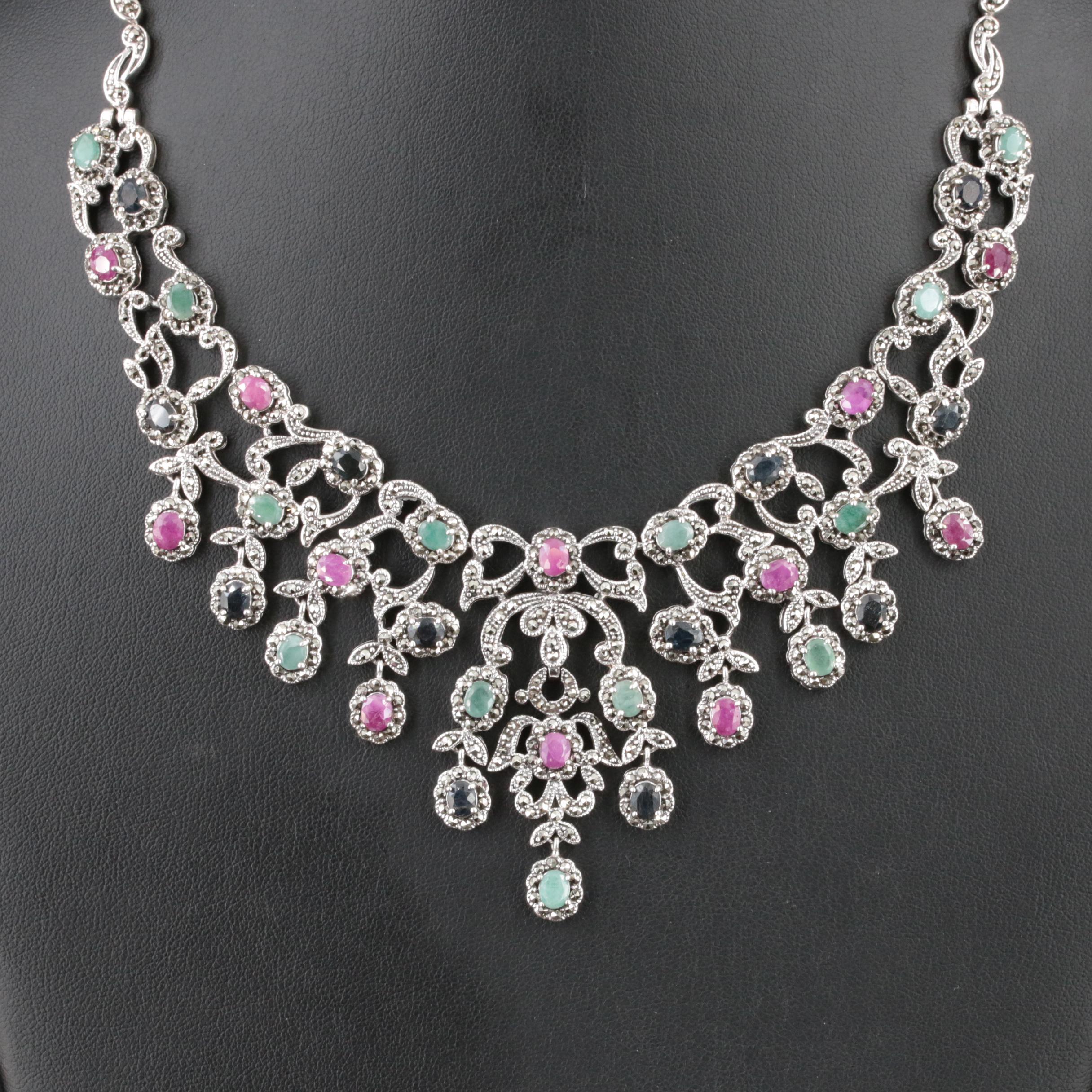 Sterling Emerald, Marcasite and Ruby Flower and Bow Princess Style Necklace