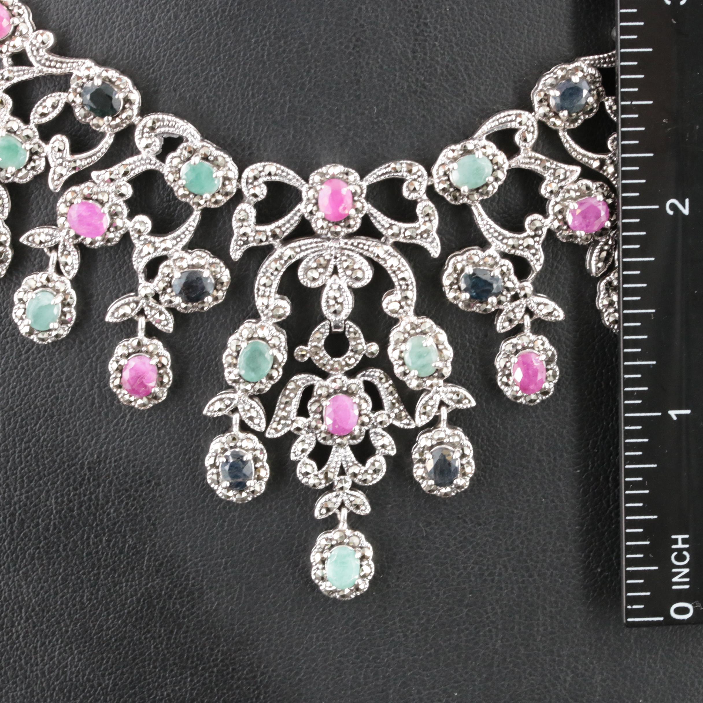 Sterling Emerald, Marcasite and Ruby Flower and Bow Princess Style Necklace