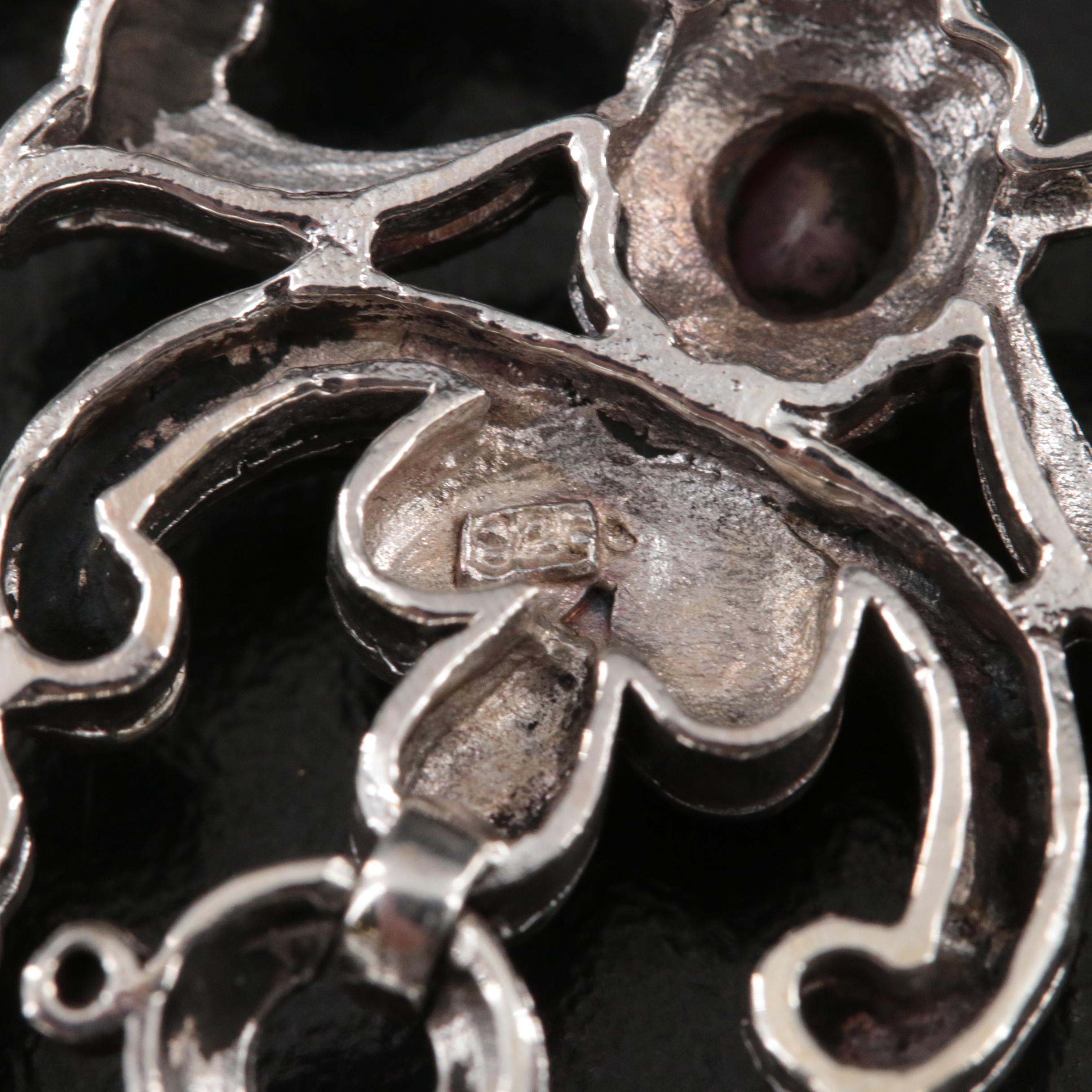 Sterling Emerald, Marcasite and Ruby Flower and Bow Princess Style Necklace