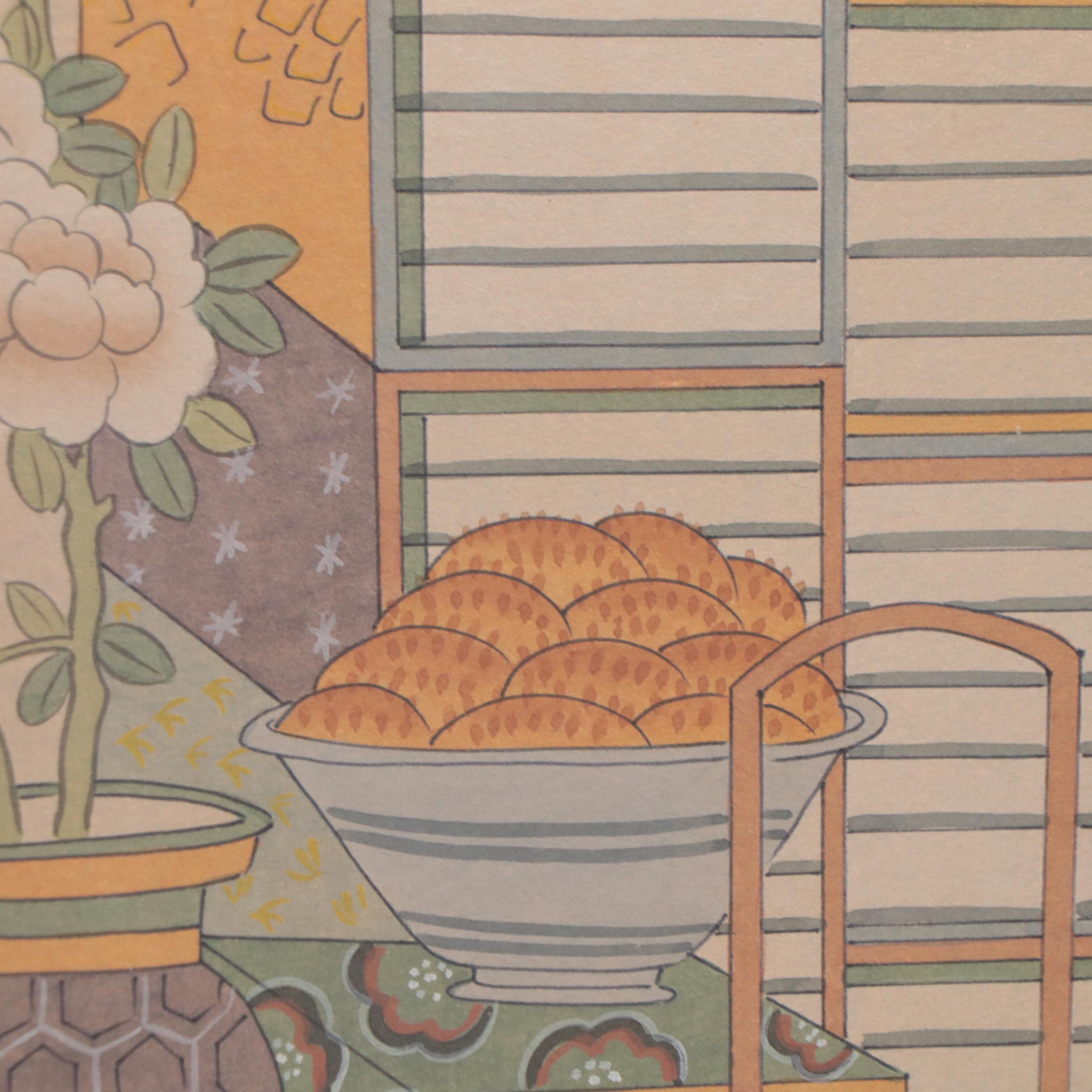 East Asian Watercolor Painting on Folding Screen