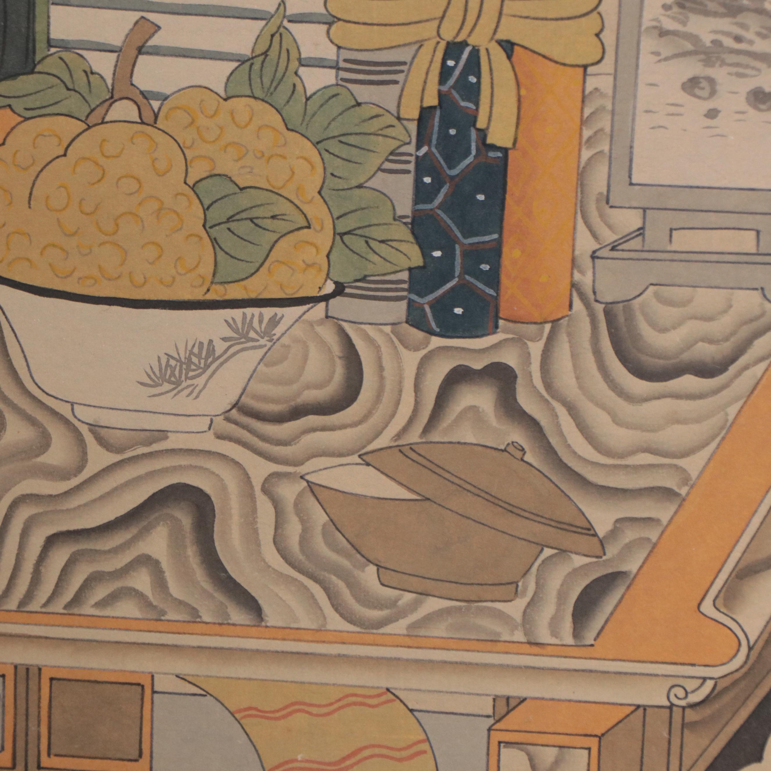 East Asian Watercolor Painting on Folding Screen