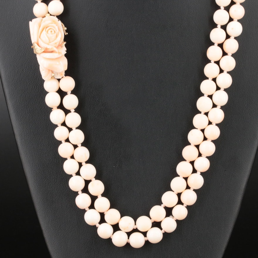Vintage Coral Multi-Strand Necklace with Carved Rose Clasp