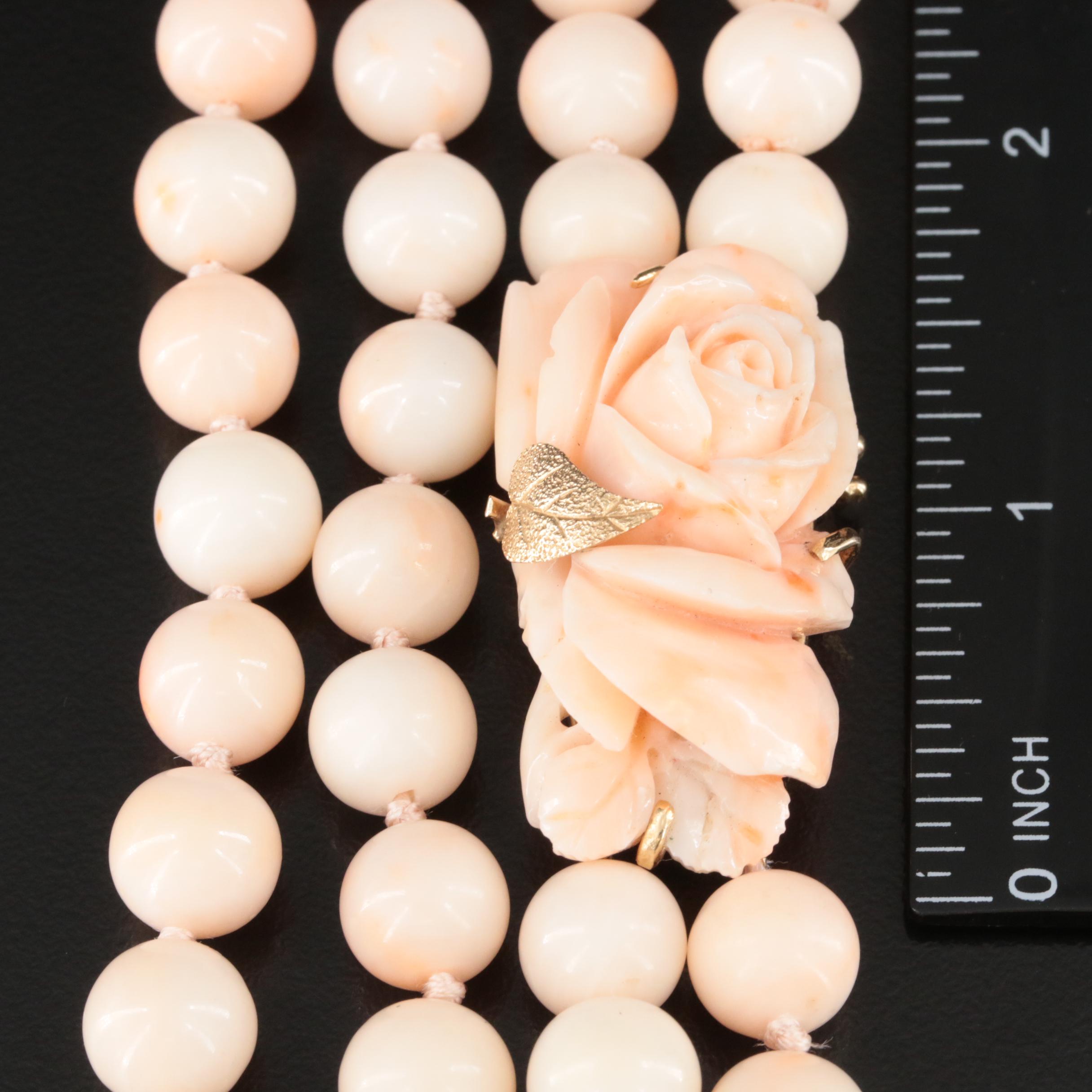 Vintage Coral Multi-Strand Necklace with Carved Rose Clasp