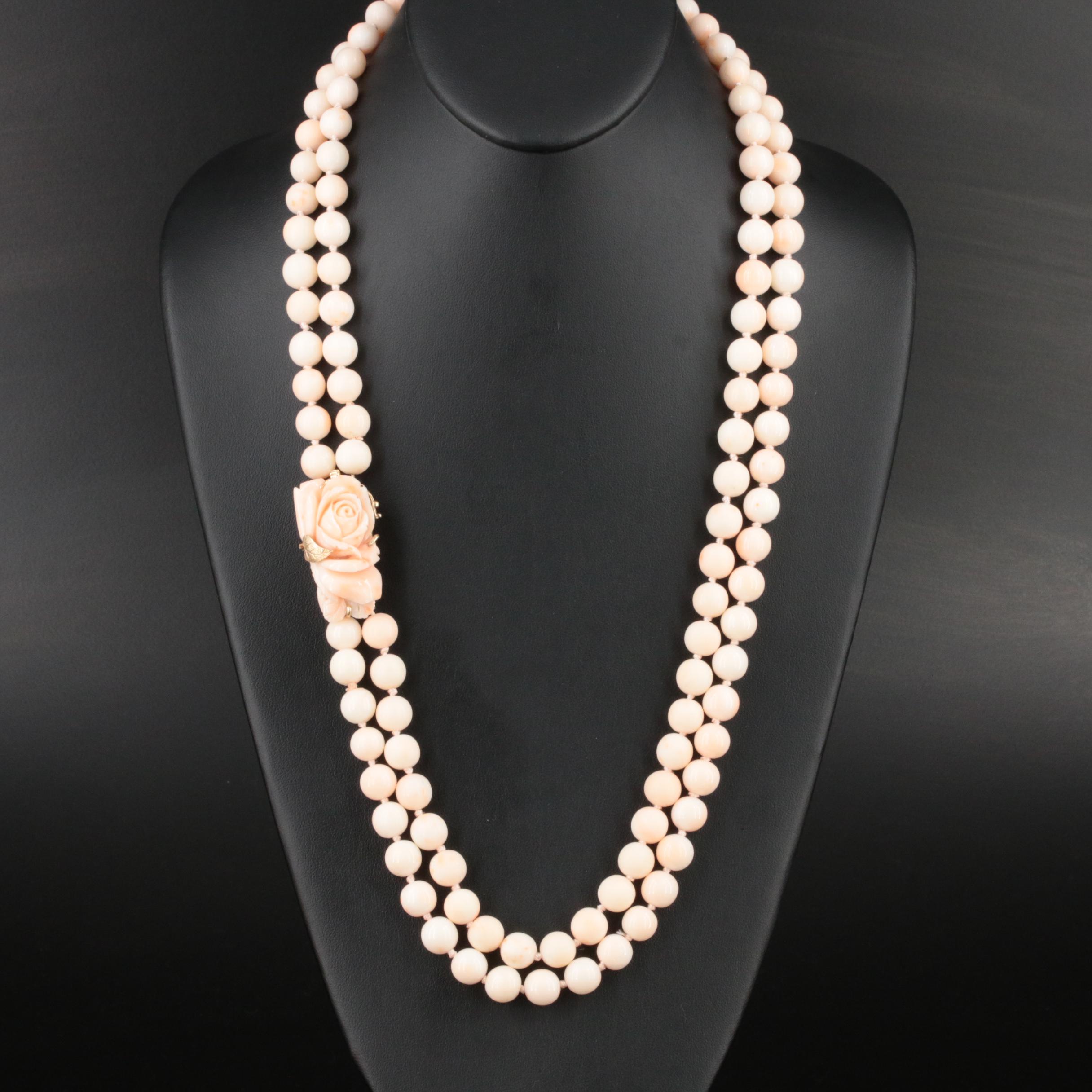 Vintage Coral Multi-Strand Necklace with Carved Rose Clasp