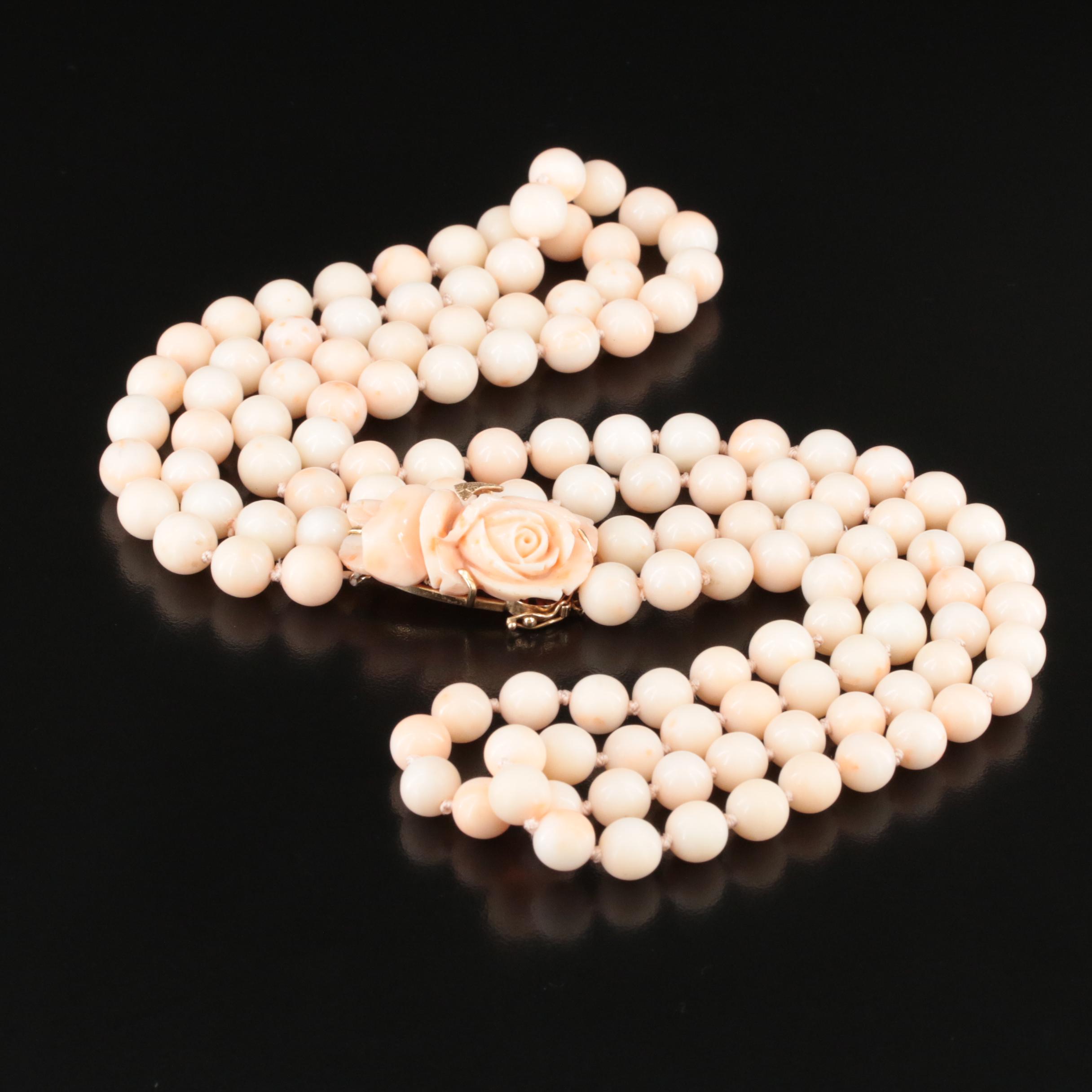 Vintage Coral Multi-Strand Necklace with Carved Rose Clasp