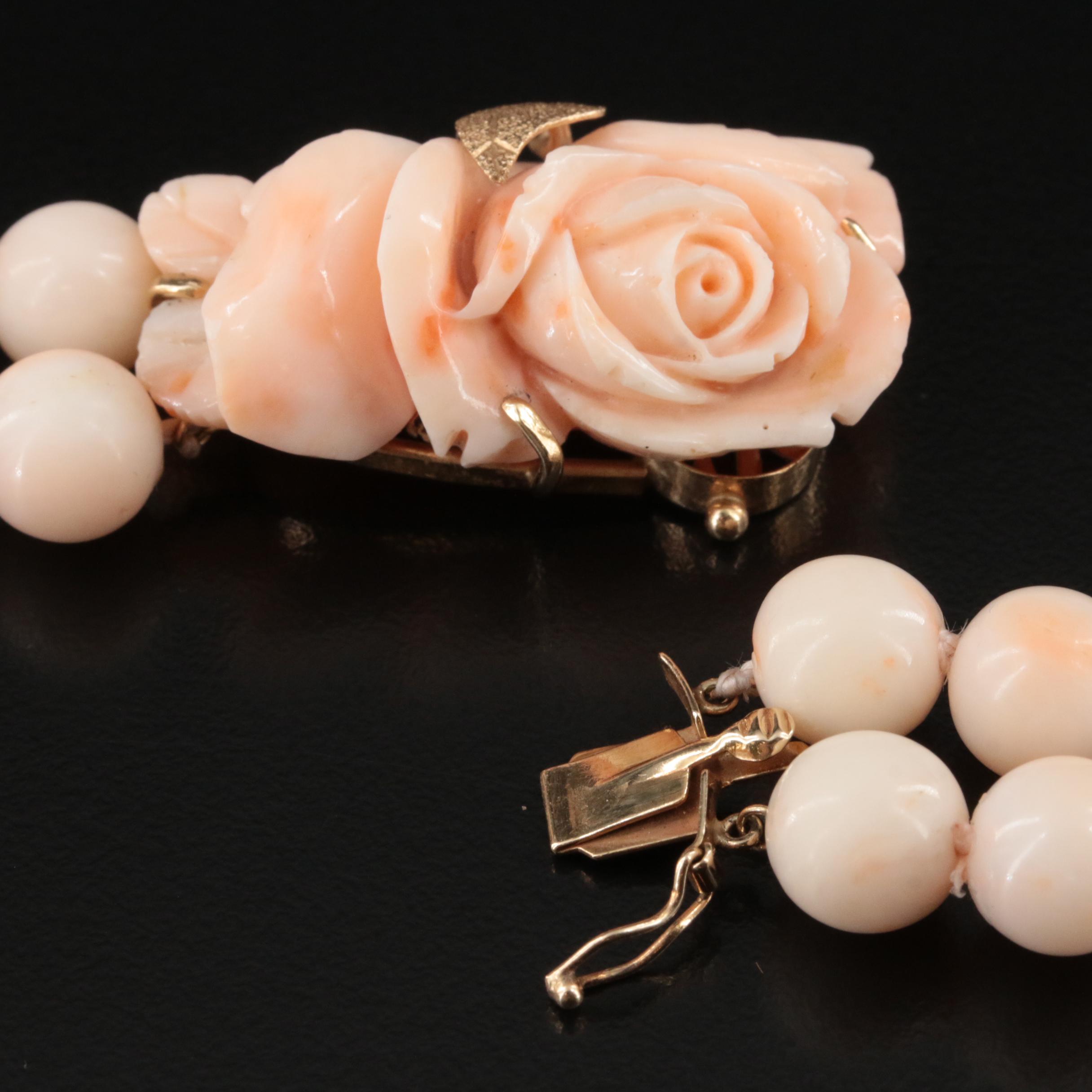 Vintage Coral Multi-Strand Necklace with Carved Rose Clasp