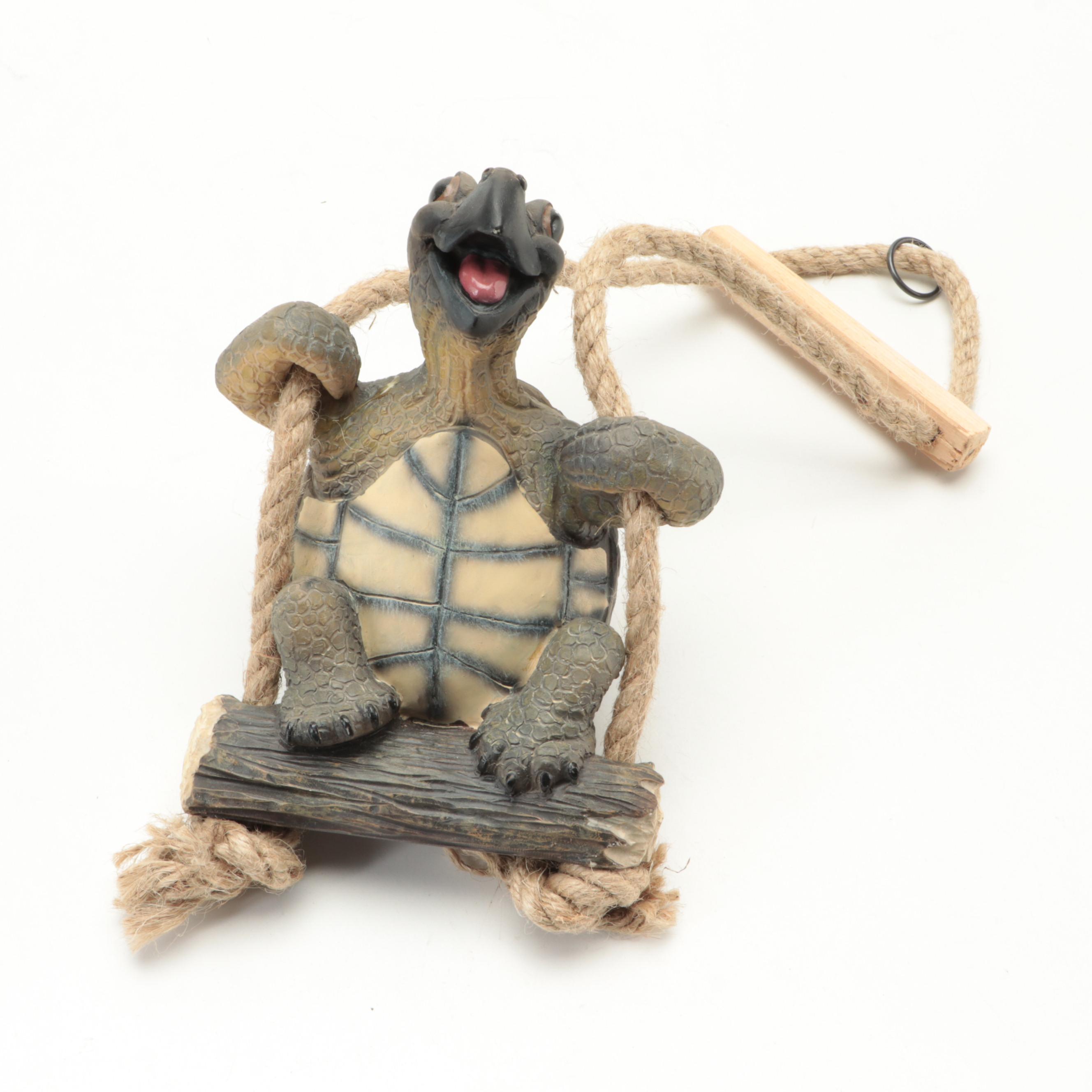 Ceramic and Resin Turtle Figures With Wooden Bowl
