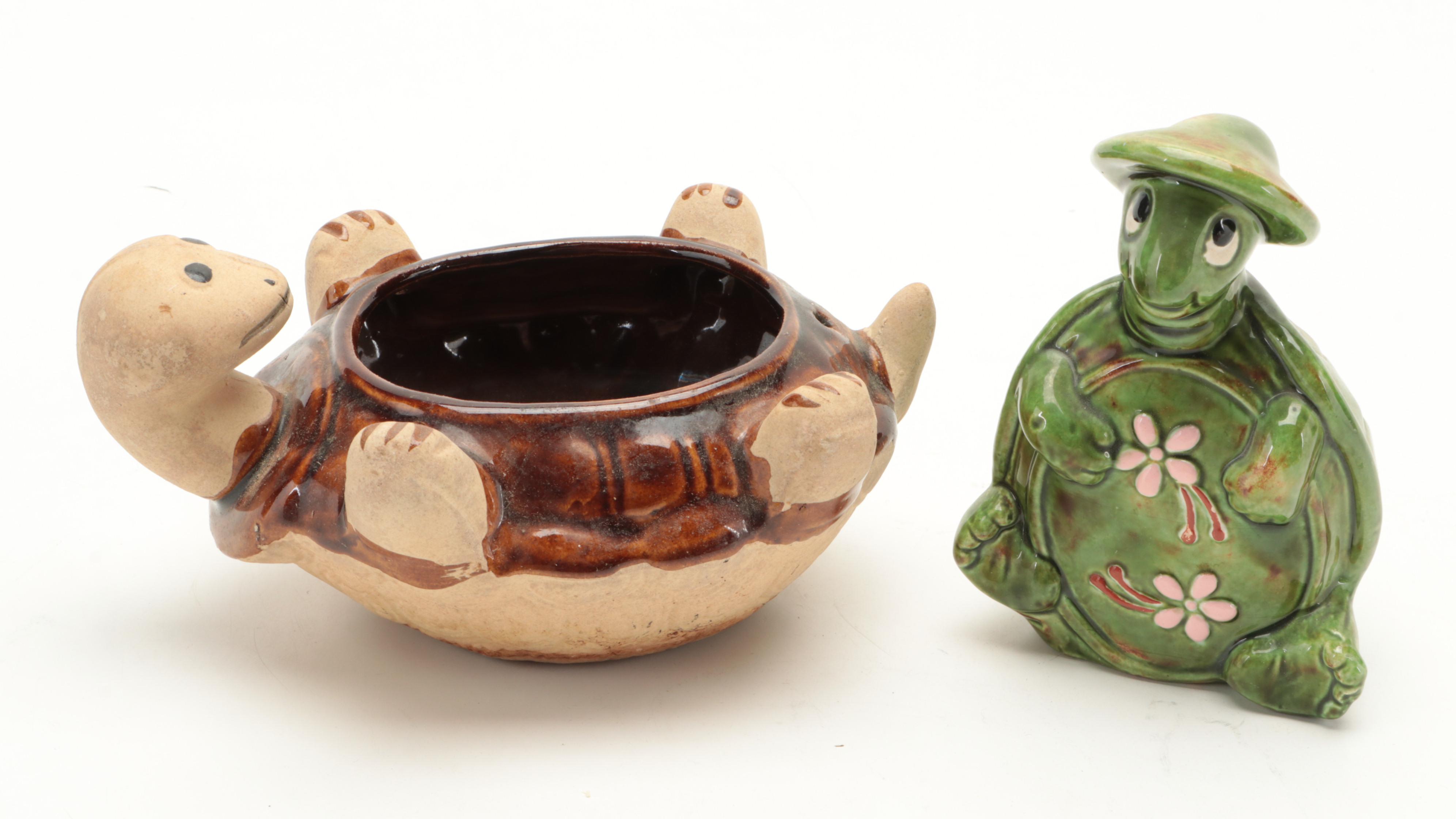 Ceramic and Resin Turtle Figures With Wooden Bowl