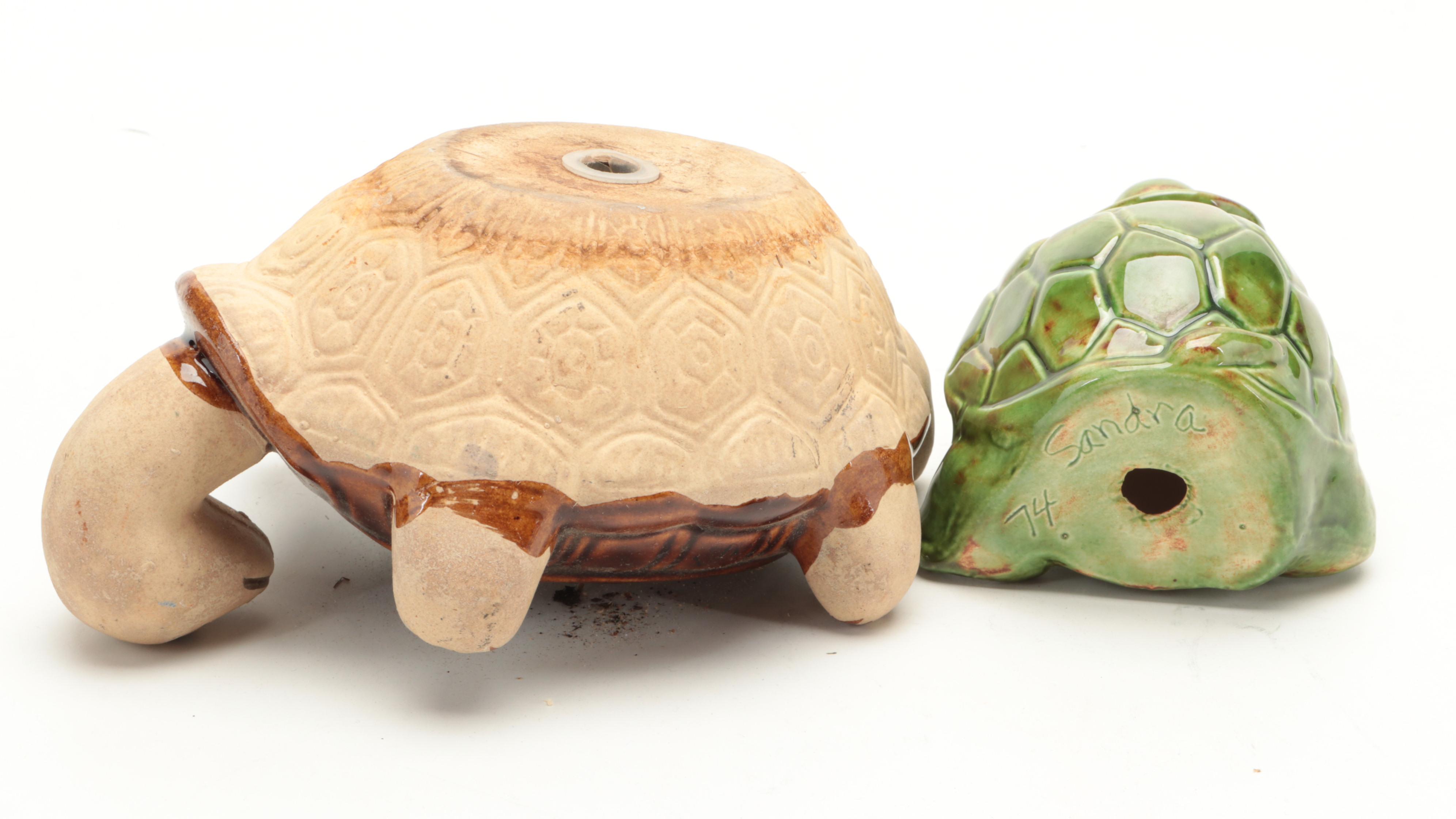 Ceramic and Resin Turtle Figures With Wooden Bowl