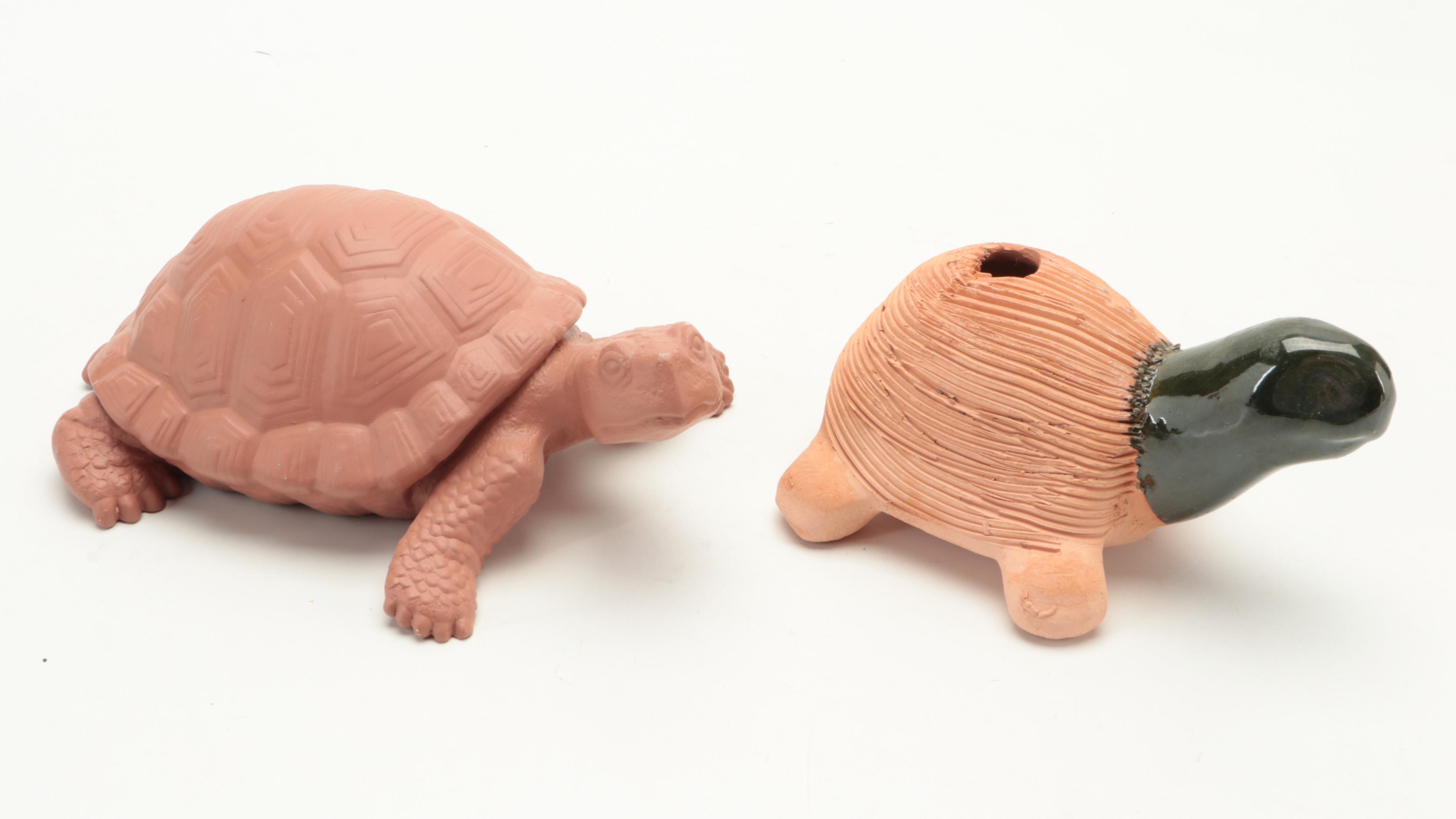 Ceramic and Resin Turtle Figures With Wooden Bowl