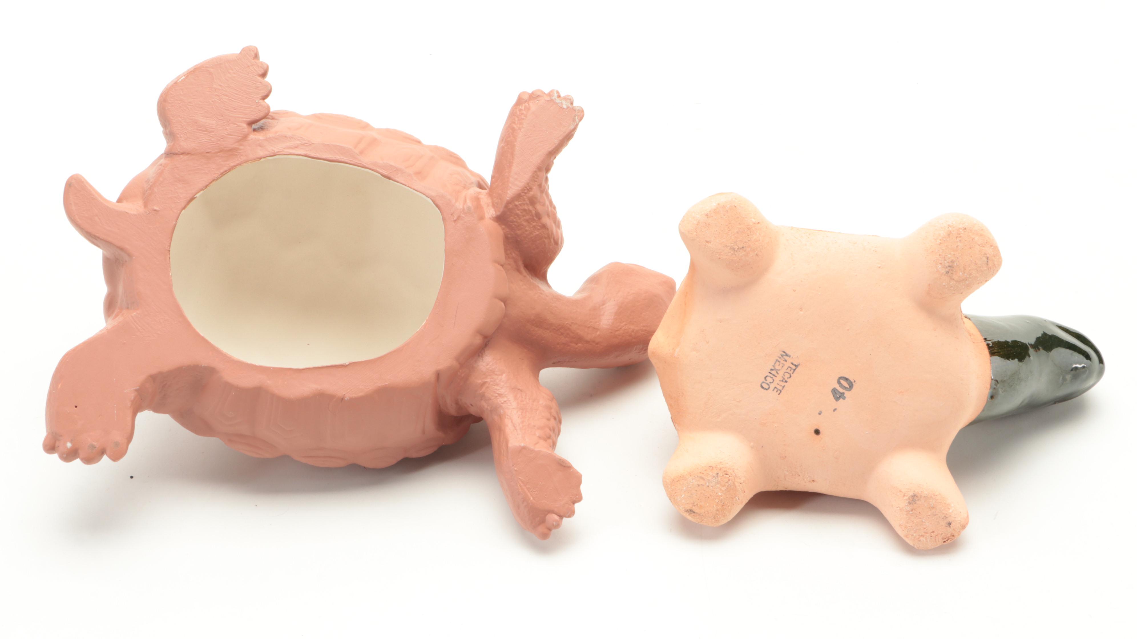 Ceramic and Resin Turtle Figures With Wooden Bowl