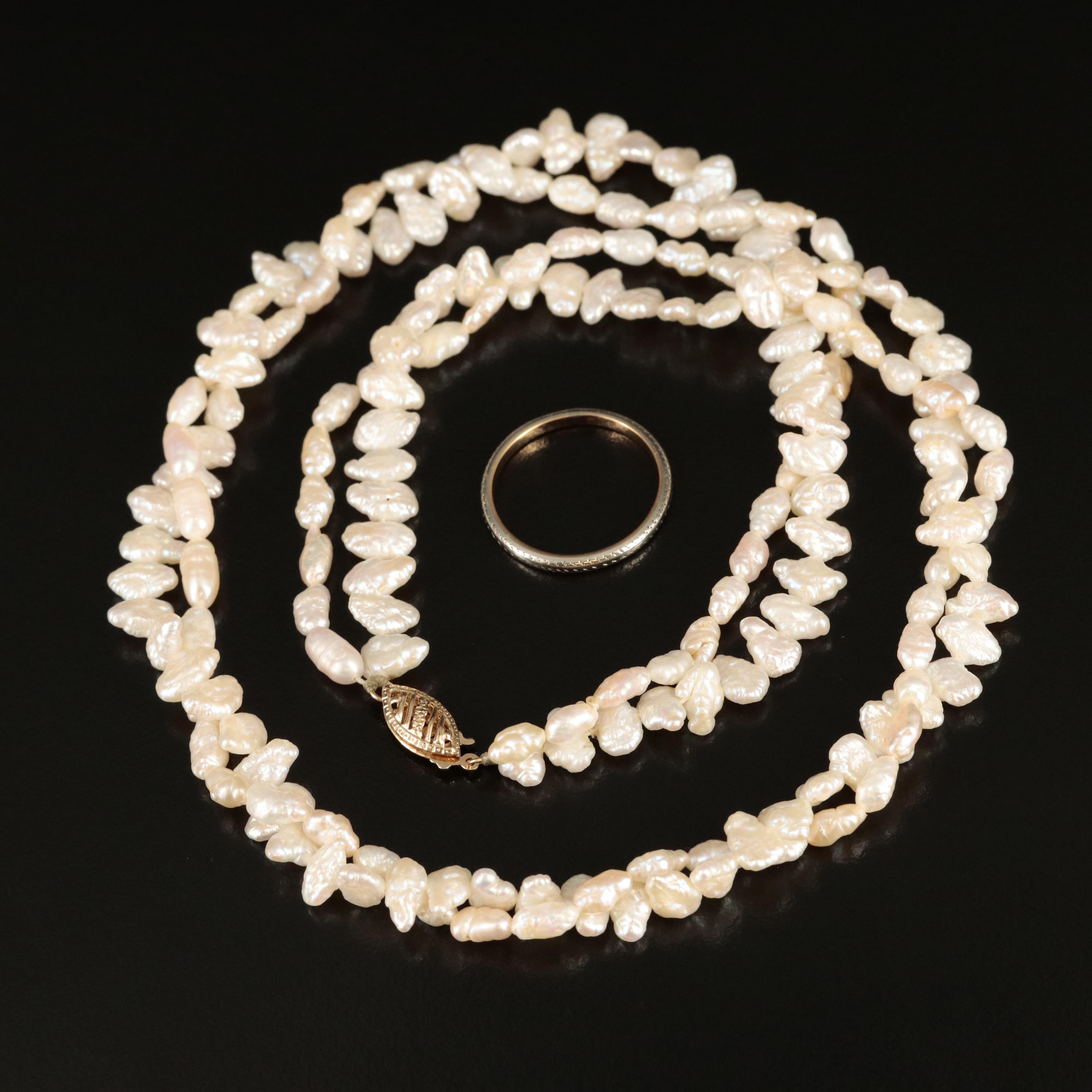 18K Two-Tone Band and Pearl Necklace with 14K Clasp