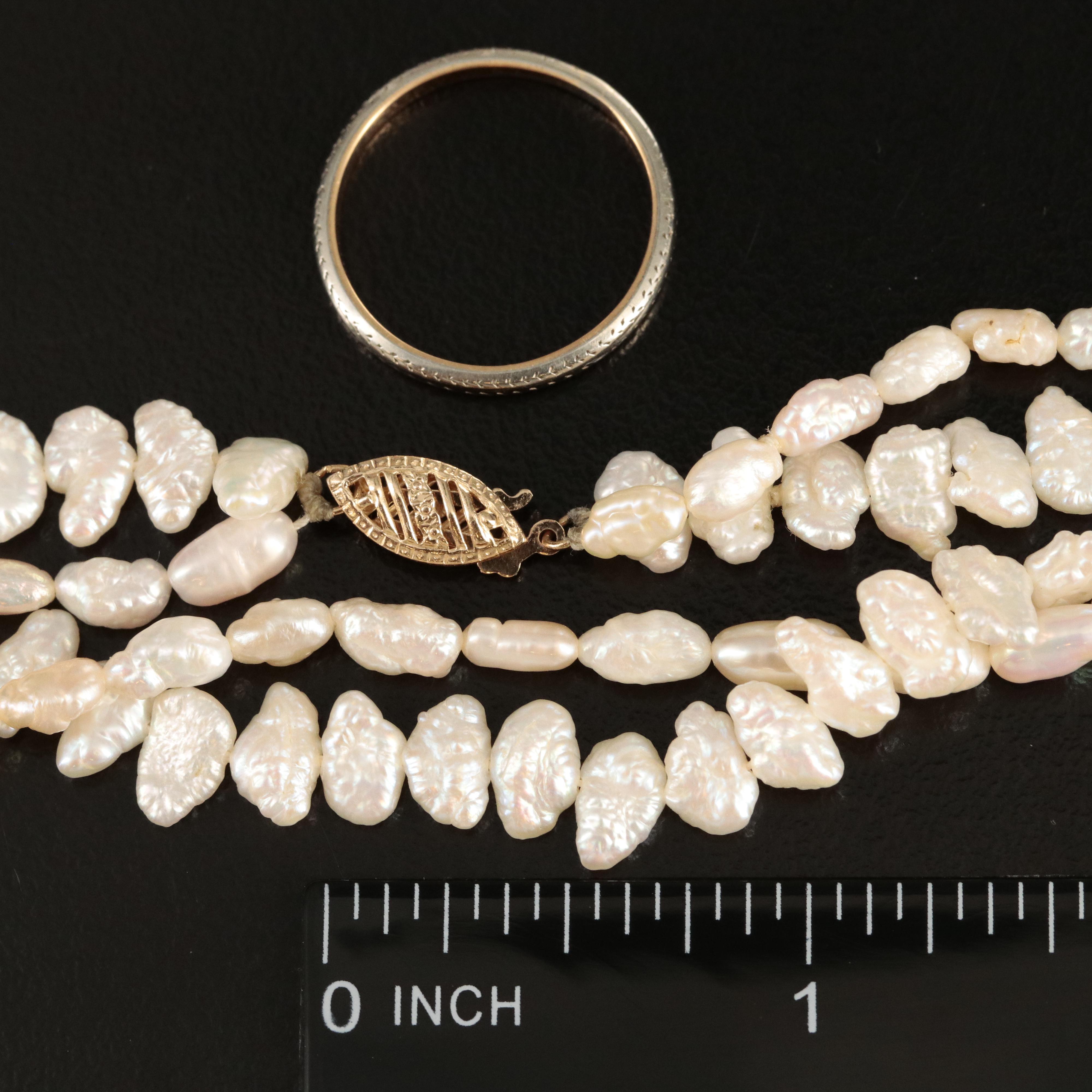 18K Two-Tone Band and Pearl Necklace with 14K Clasp