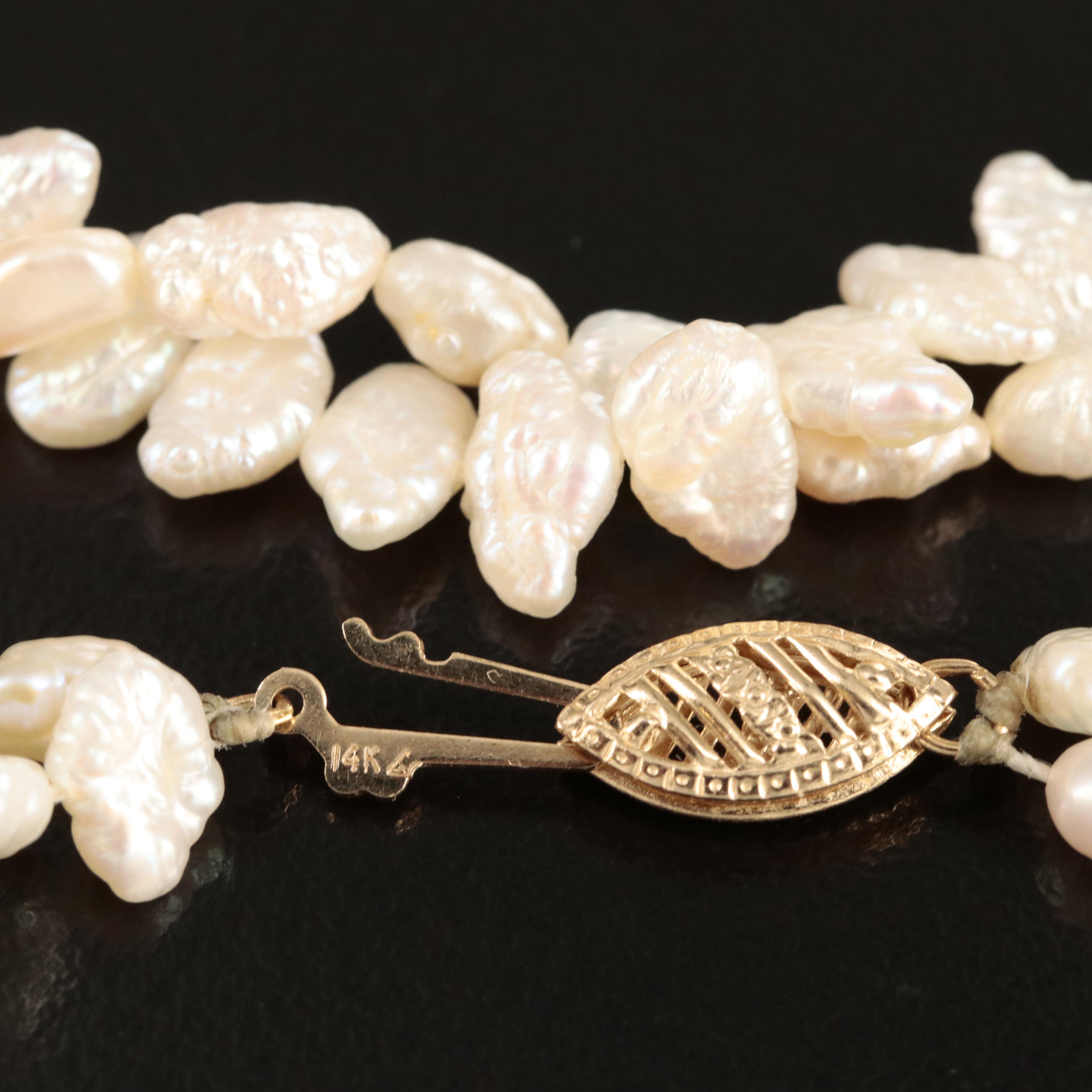 18K Two-Tone Band and Pearl Necklace with 14K Clasp
