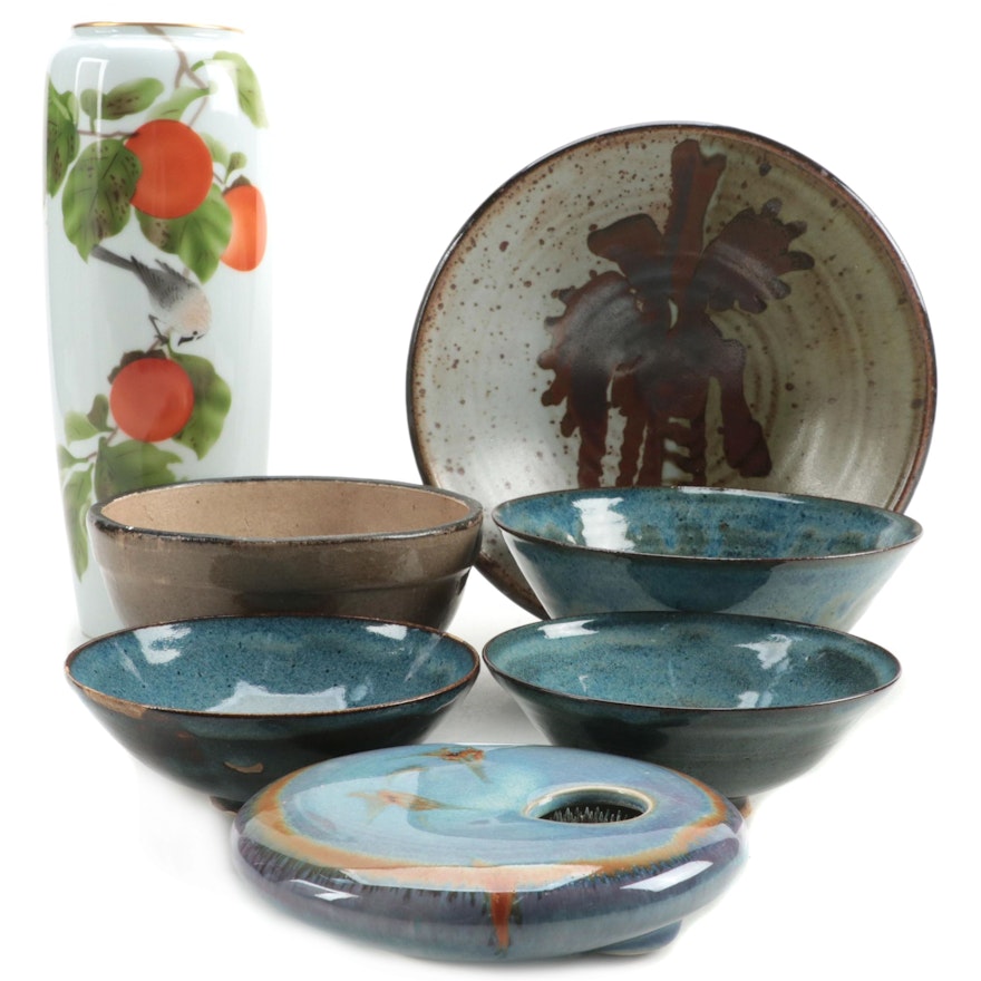 Fukagawa Bird on Branch Porcelain Vase with Artisan Made Bowls and Flower Frog
