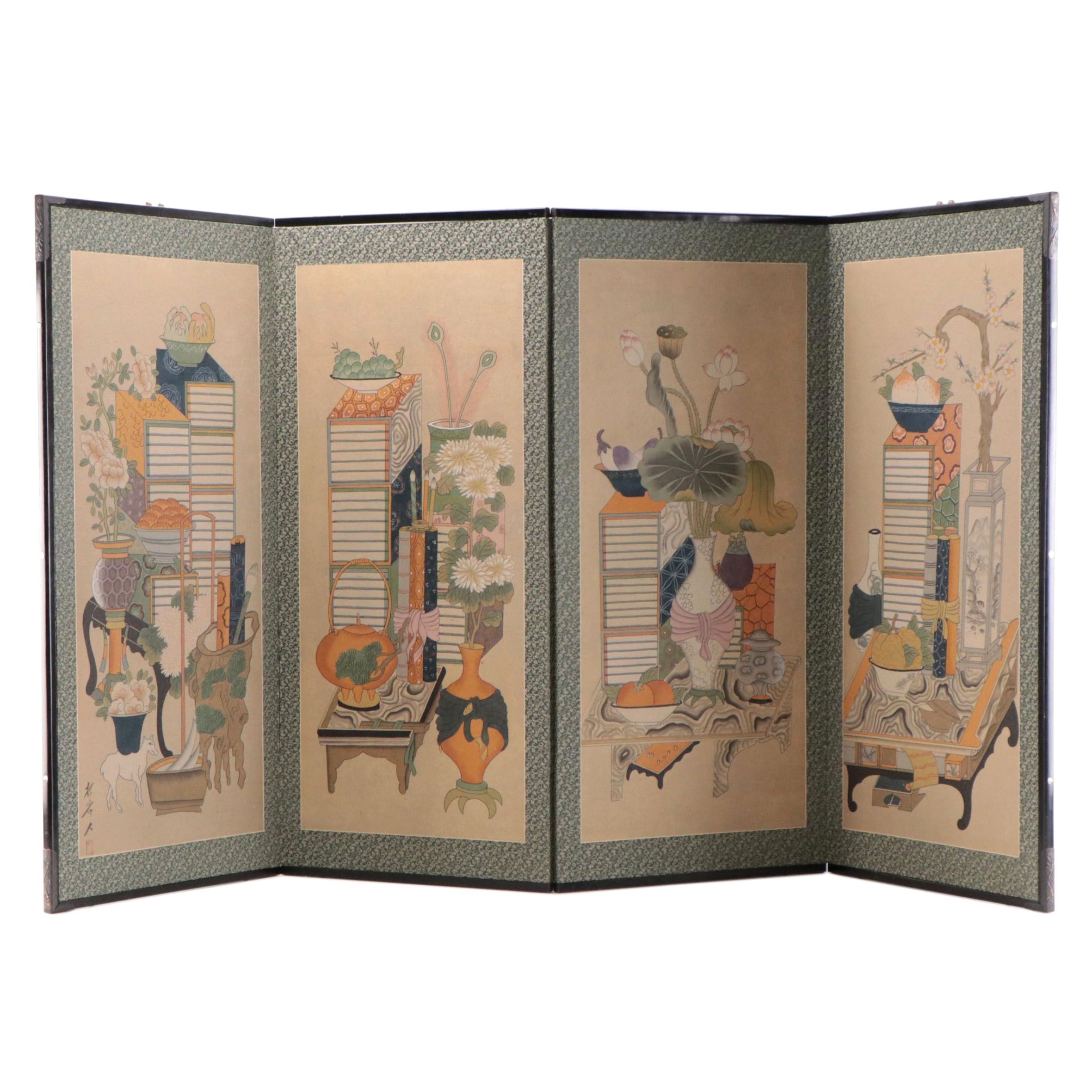 East Asian Watercolor Painting on Folding Screen