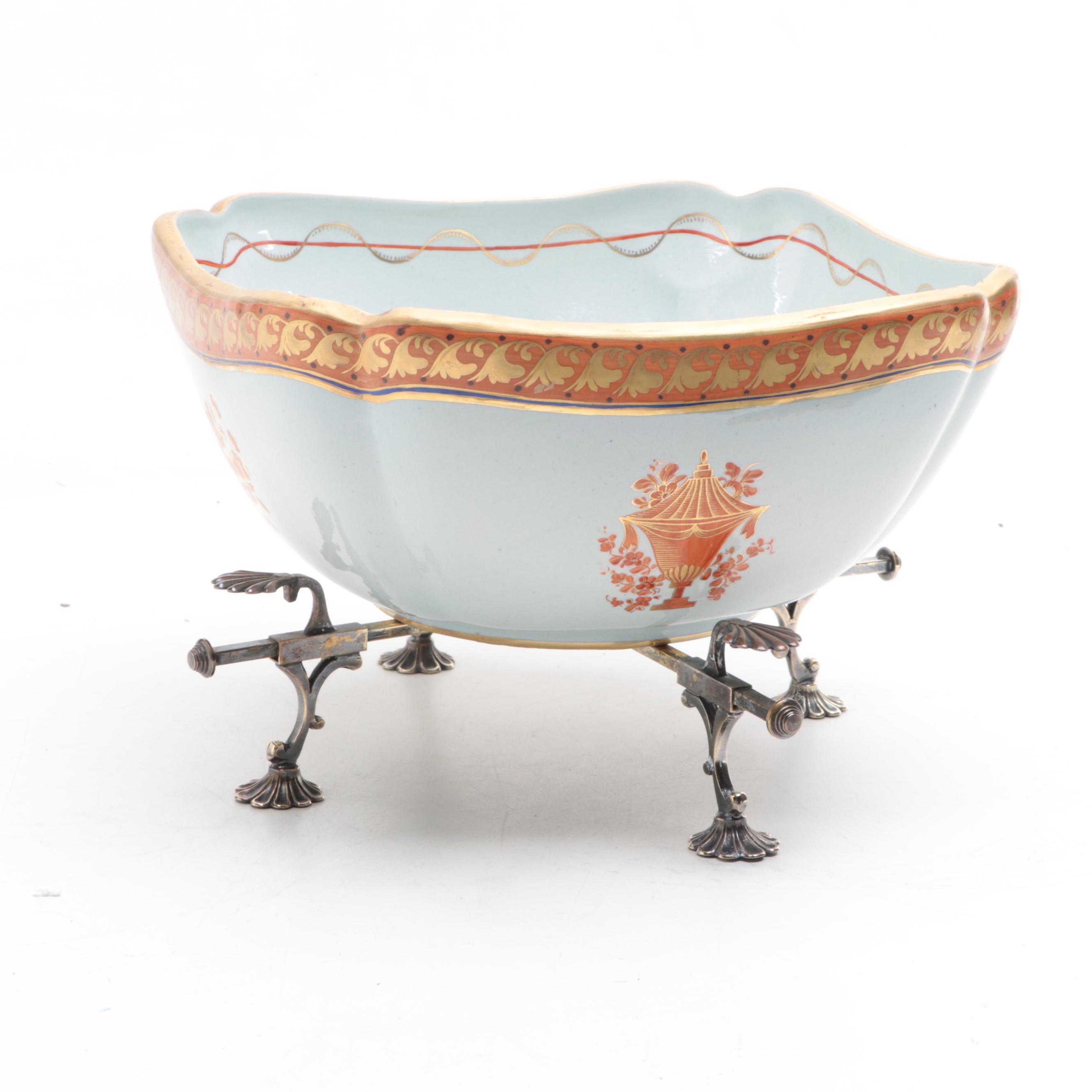 Mottahedeh Porcelain Lowestoft Bowl on Metal Stand, Mid to Late 20th Century