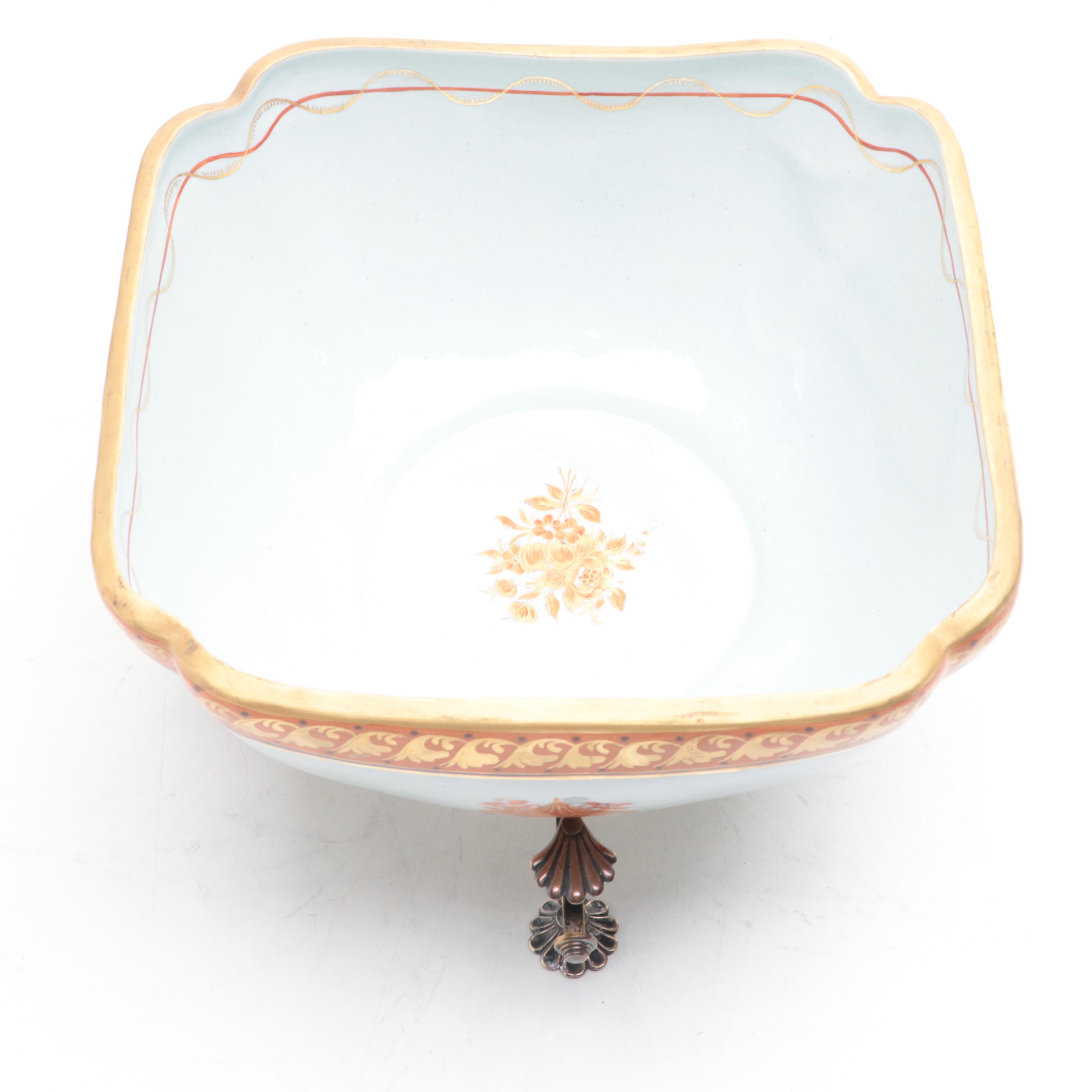 Mottahedeh Porcelain Lowestoft Bowl on Metal Stand, Mid to Late 20th Century