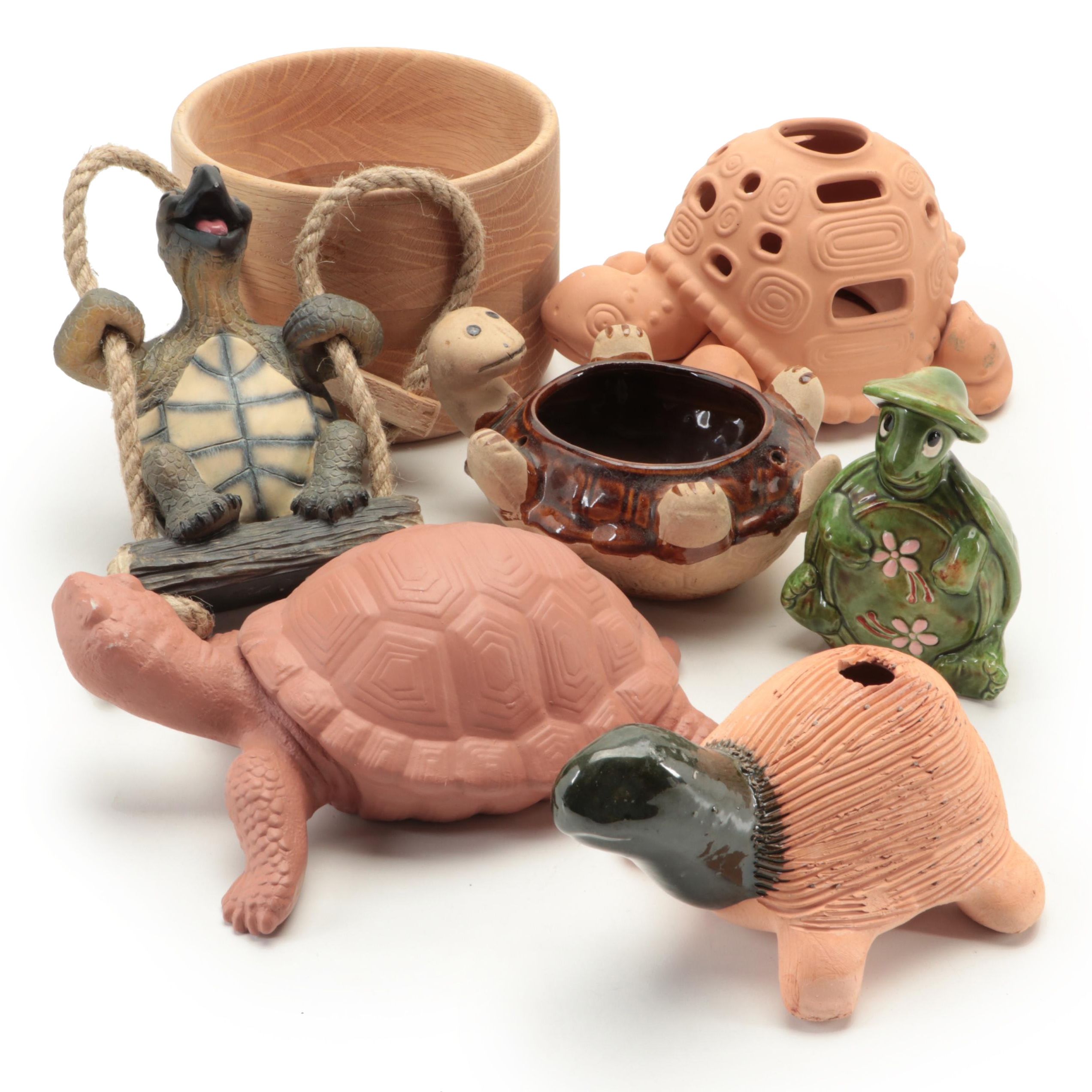 Ceramic and Resin Turtle Figures With Wooden Bowl