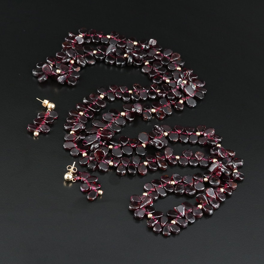 14K Rhodonite Garnet Fringe Necklace and Earring Set