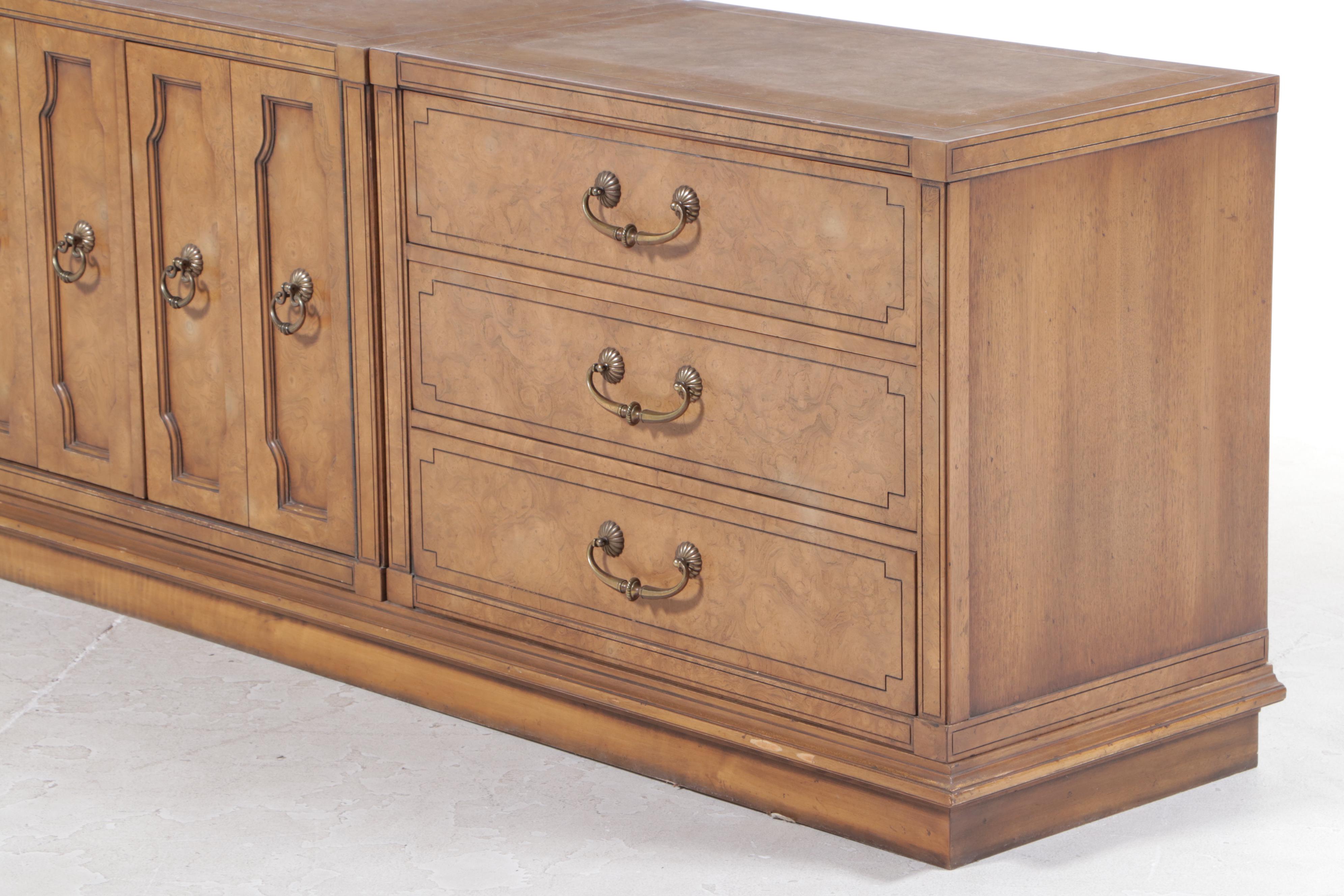 Four-Piece Mastercraft Furniture Mediterranean Style Burlwood and Pecan Credenza