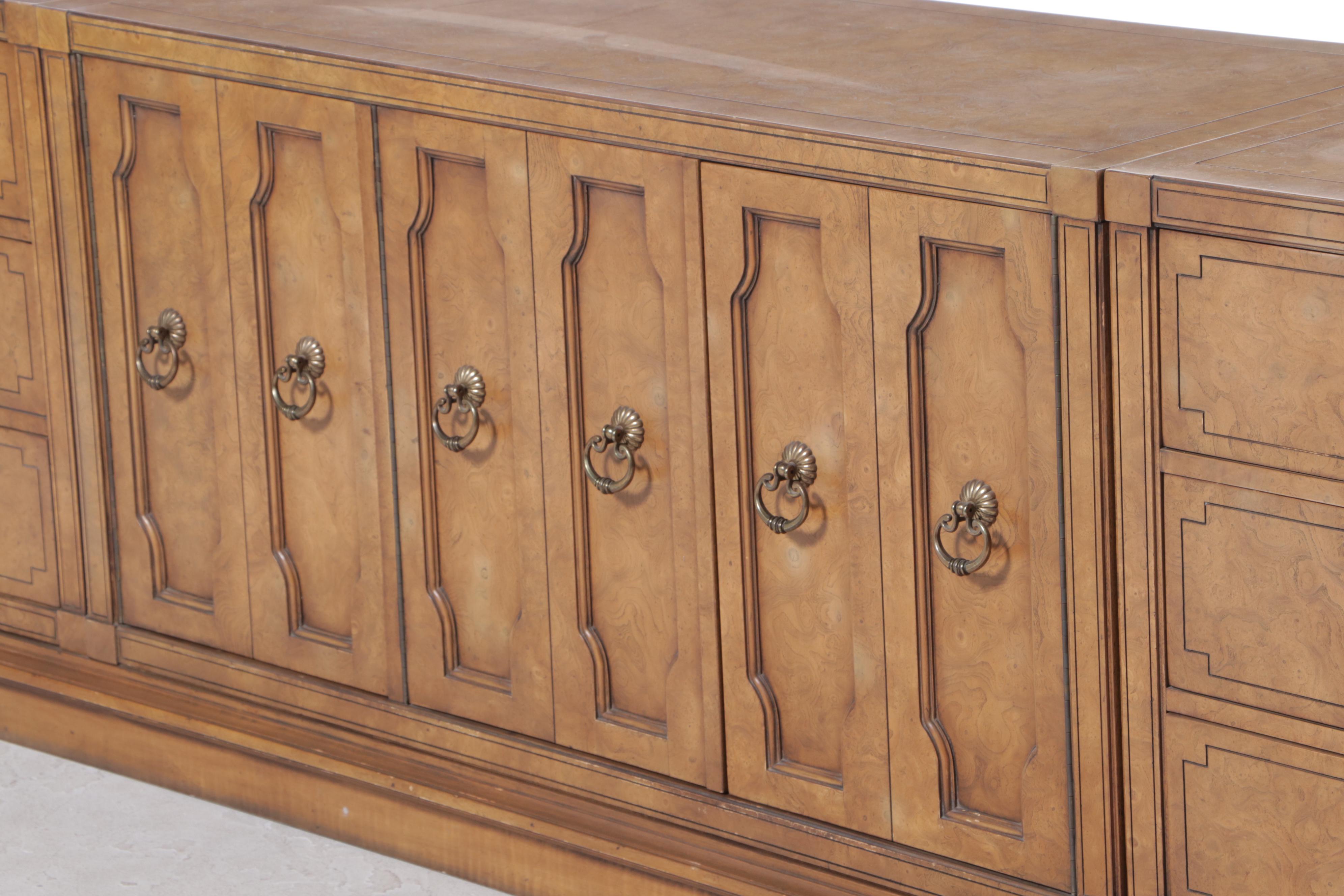 Four-Piece Mastercraft Furniture Mediterranean Style Burlwood and Pecan Credenza