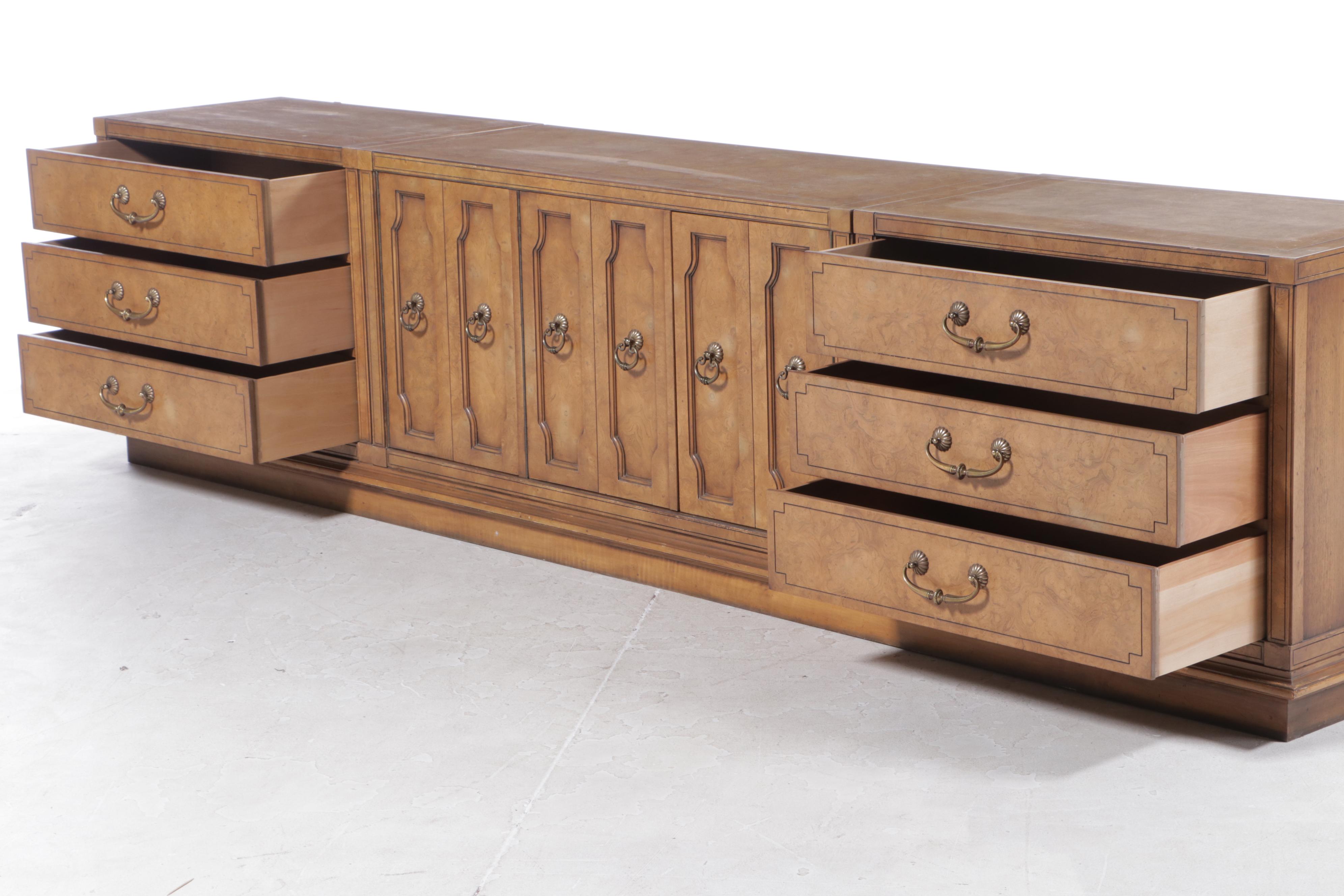 Four-Piece Mastercraft Furniture Mediterranean Style Burlwood and Pecan Credenza