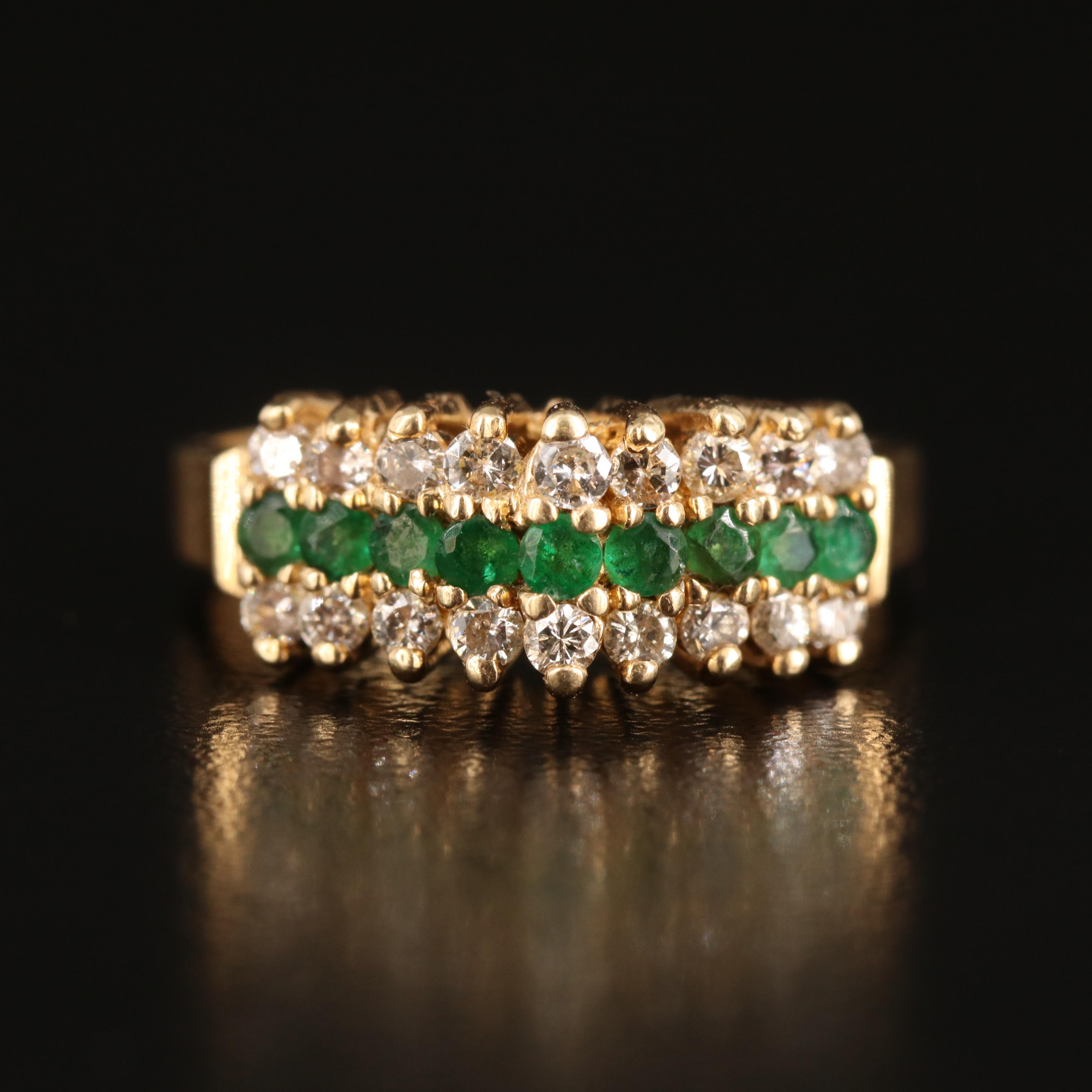 14K Emerald and Diamond Stepped Ring