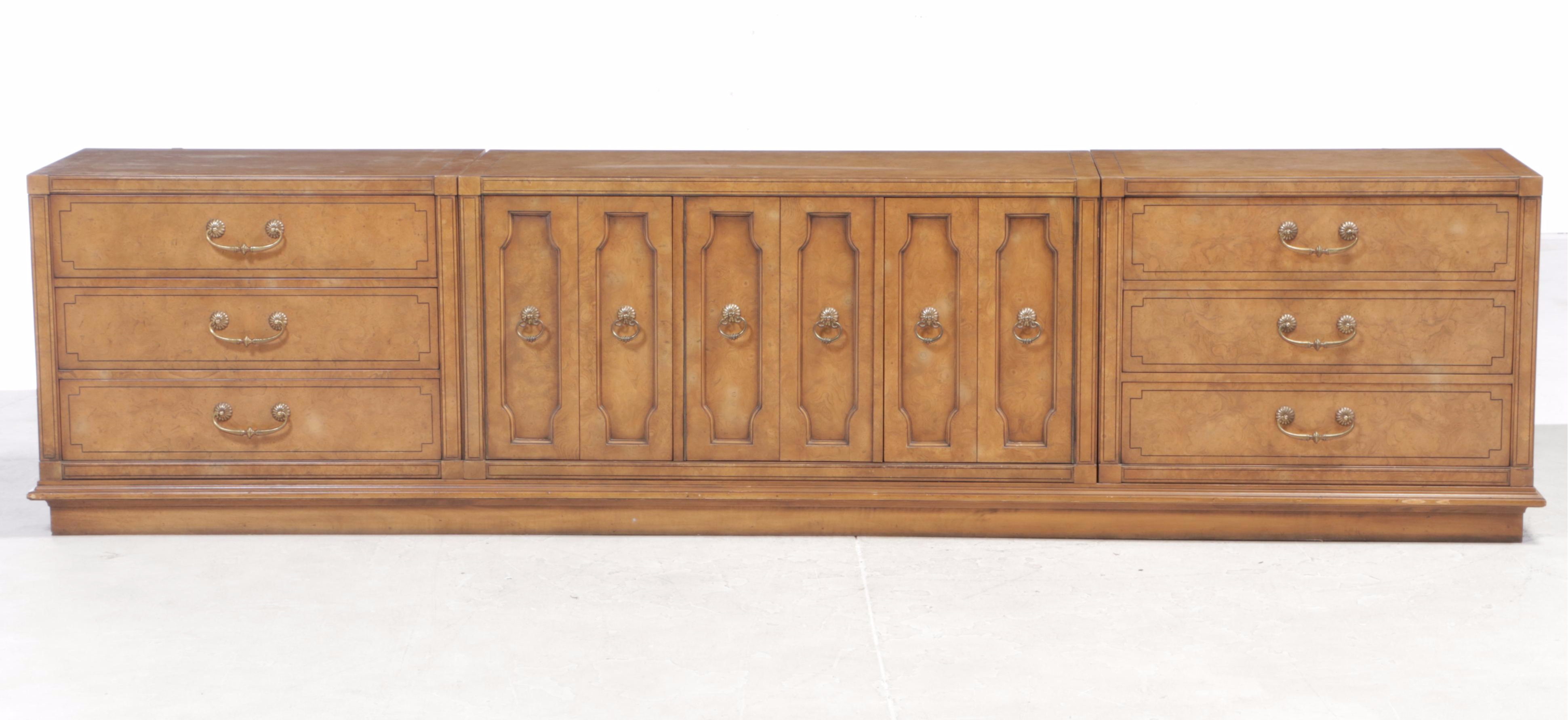 Four-Piece Mastercraft Furniture Mediterranean Style Burlwood and Pecan Credenza